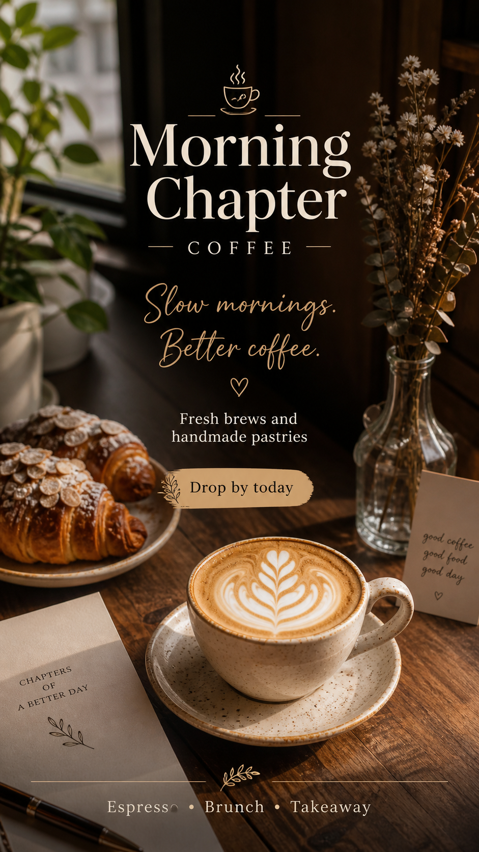 A coffee shop menu for Morning Chapter Coffee with a latte art coffee, croissants, a small Bible or notebook, a pen, a handwritten note, and a vase with dried flowers on a wooden table, decorated with warm lighting and greenery.