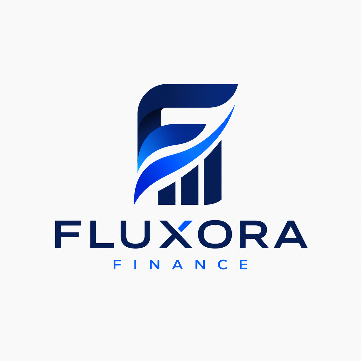 Logo of Fluxora Finance featuring a stylized letter 'F' with ascending bar chart and swoosh design in shades of blue, with text 'FLUXORA' and 'FINANCE' below.