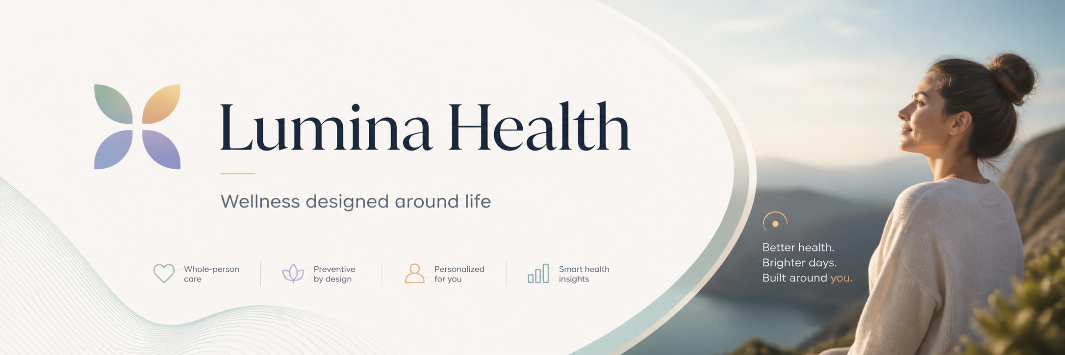 A woman looking at a sunset or sunrise outdoors with mountains in the background, promoting Lumina Health, a wellness company focused on whole-person care, preventive design, personalized health, and smart health insights.