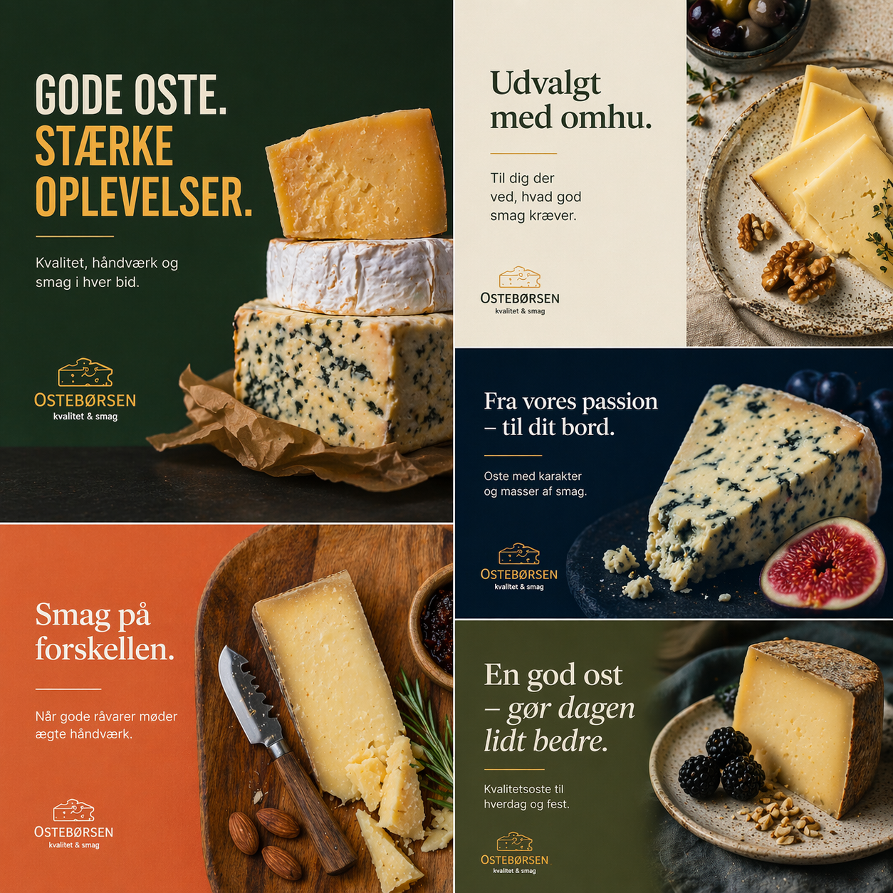 Collage of cheese varieties with Danish text promoting quality cheese, craftsmanship, and flavor.
