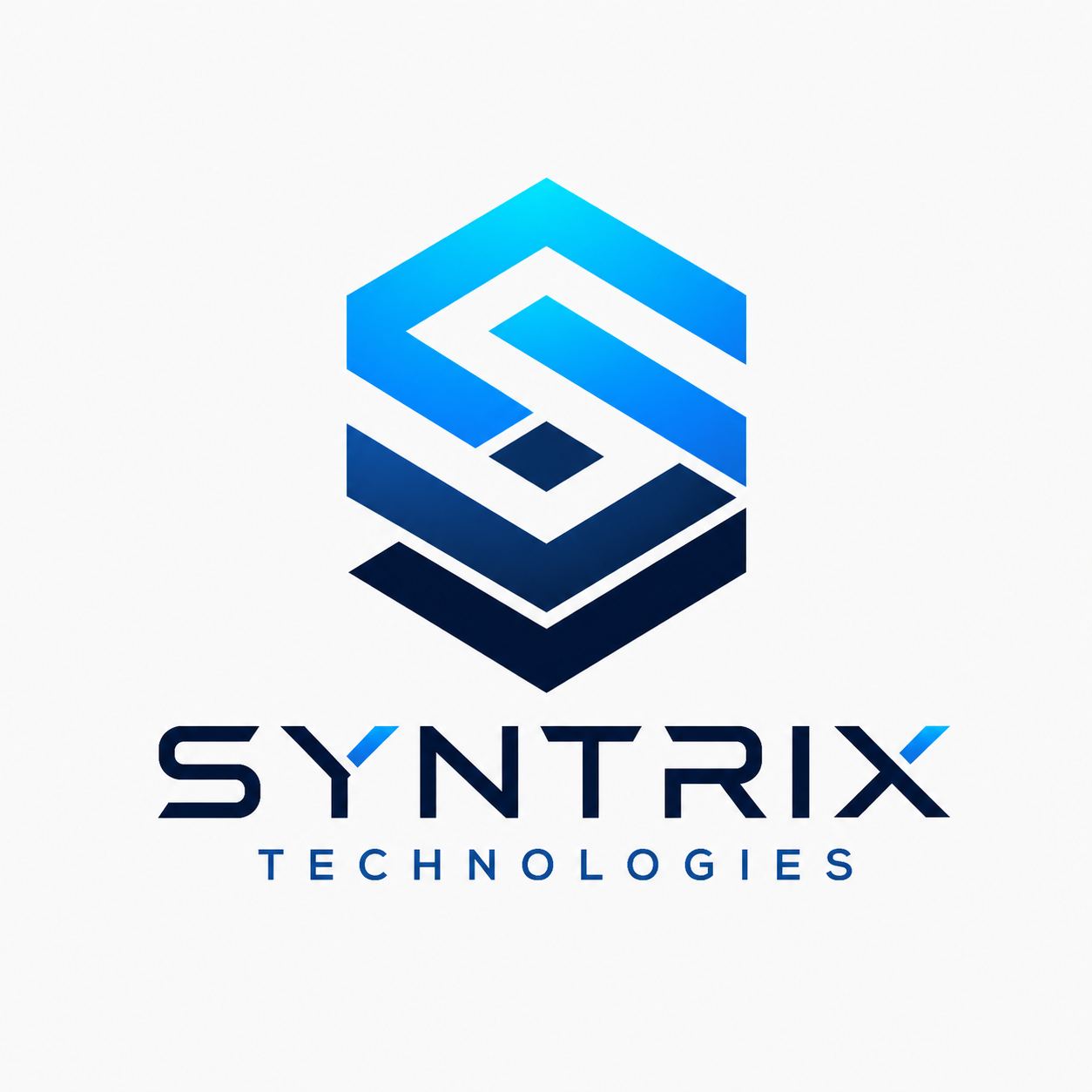 Logo for Syntrix Technologies featuring a geometric 3D cube design in shades of blue and the company's name below.