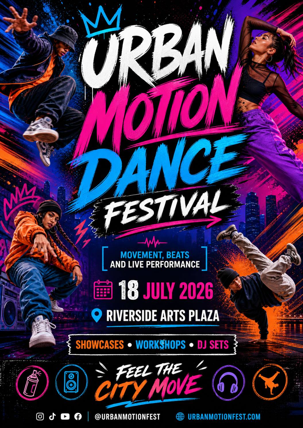Colorful poster for the Urban Motion Dance Festival featuring dancers in dynamic poses, city skyline background, and event details like date, location, and activities such as showcases, workshops, and DJ sets.