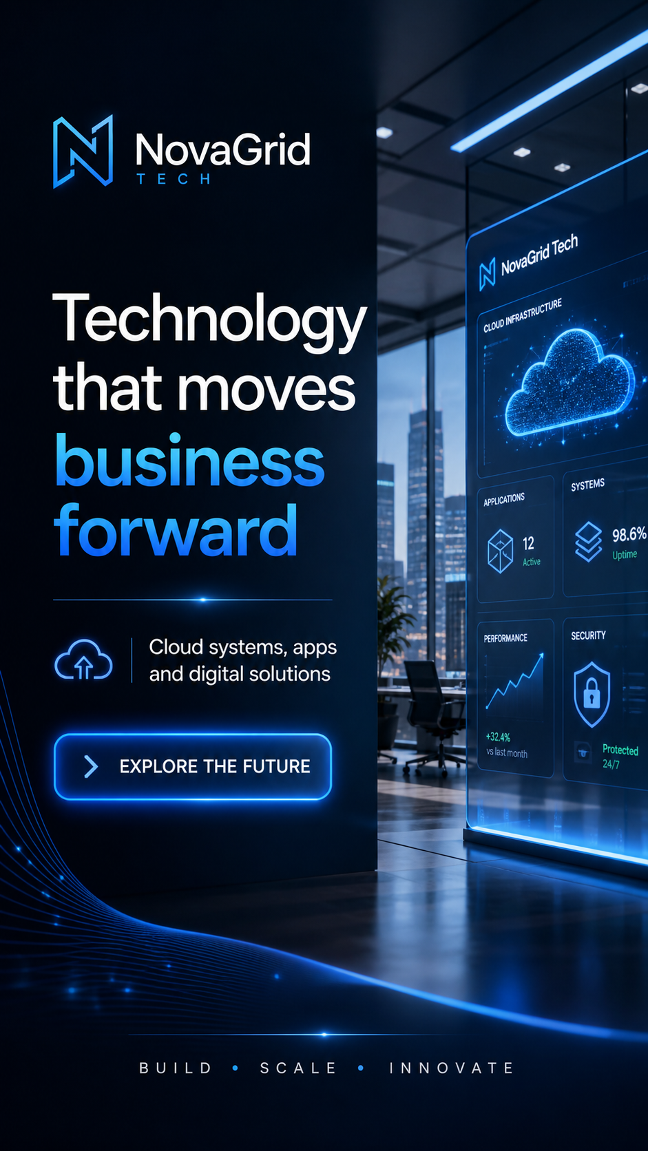 A promotional poster for NovaGrid Tech showing a skyline view with a modern office interior, featuring digital graphics including a cloud icon, applications, systems, performance, and security metrics, emphasizing cloud infrastructure and digital solutions.