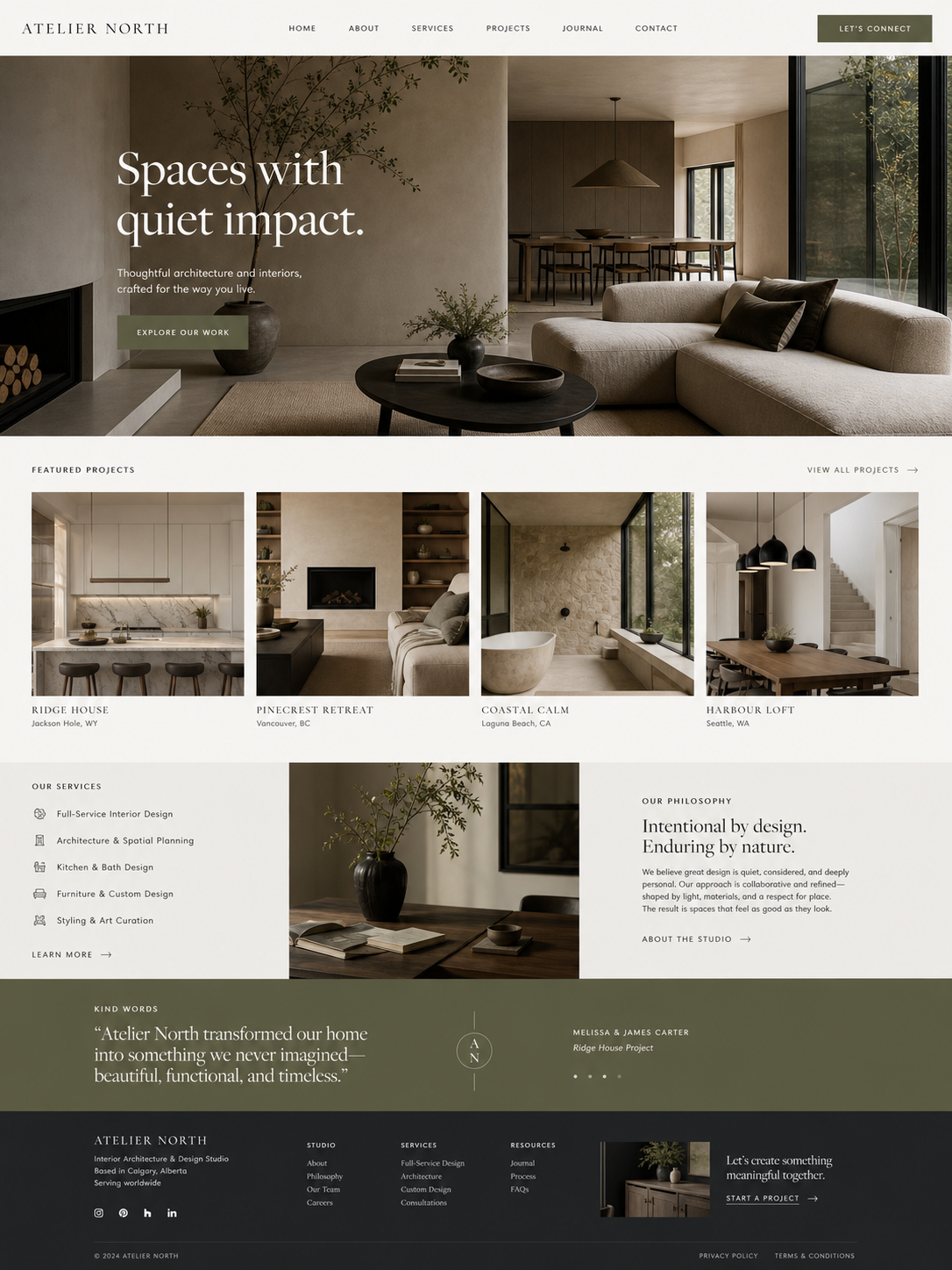 Homepage of Atelier North, an interior architecture and design studio, featuring a clean, modern living space with a neutral color palette, large windows, and minimal decor. Includes sections for featured projects, services, philosophy, and client testimonial.