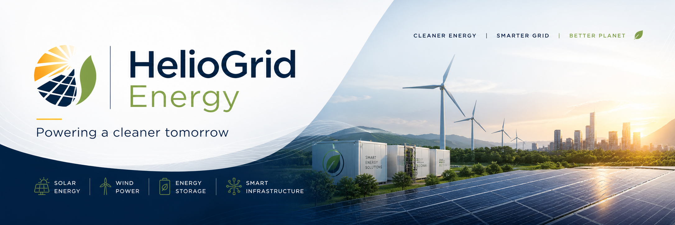 Promotion for HeliGrid Energy featuring solar panels, wind turbines, and energy storage containers with a city skyline in the background at sunset.