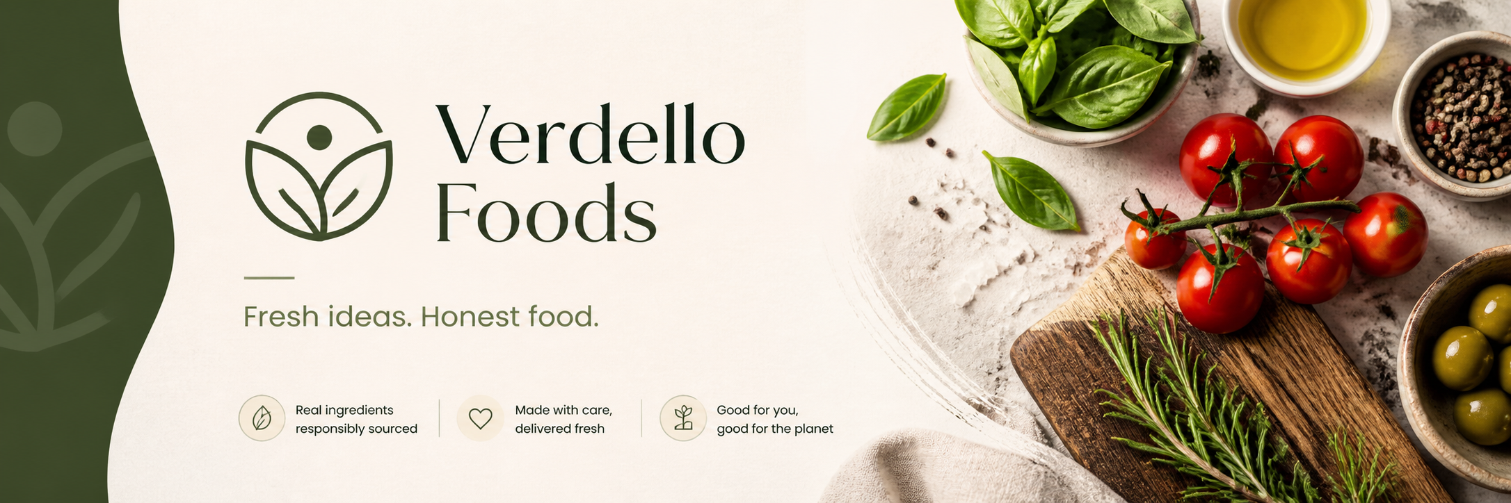 A banner for Verdello Foods showing fresh vegetables such as tomatoes, basil, olives, and spices on a countertop with a wooden cutting board, alongside text about responsible sourcing and fresh ingredients.