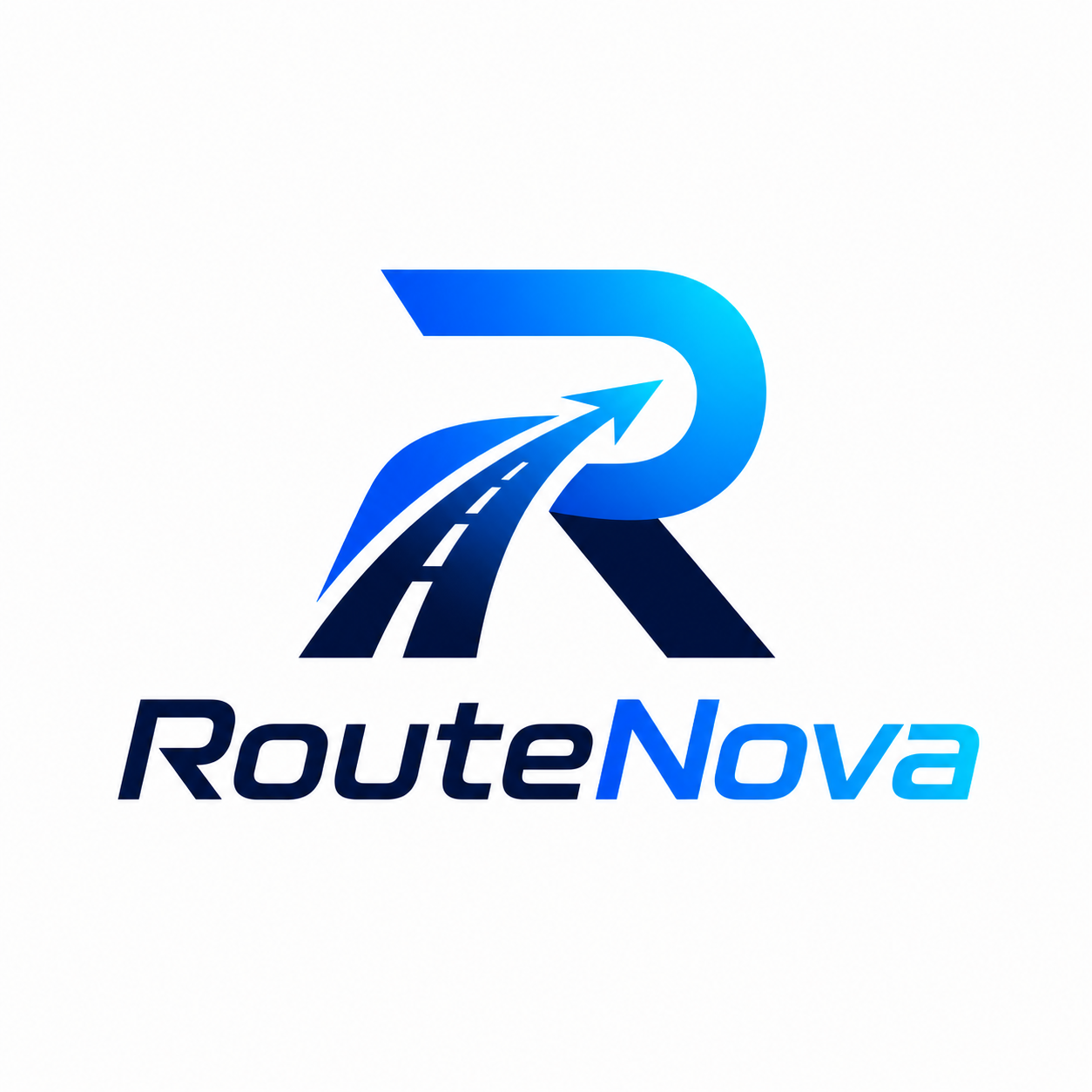 A logo for RouteNova featuring a stylized letter R combined with a road graphic and an arrow, with the text RouteNova below in blue and black lettering.