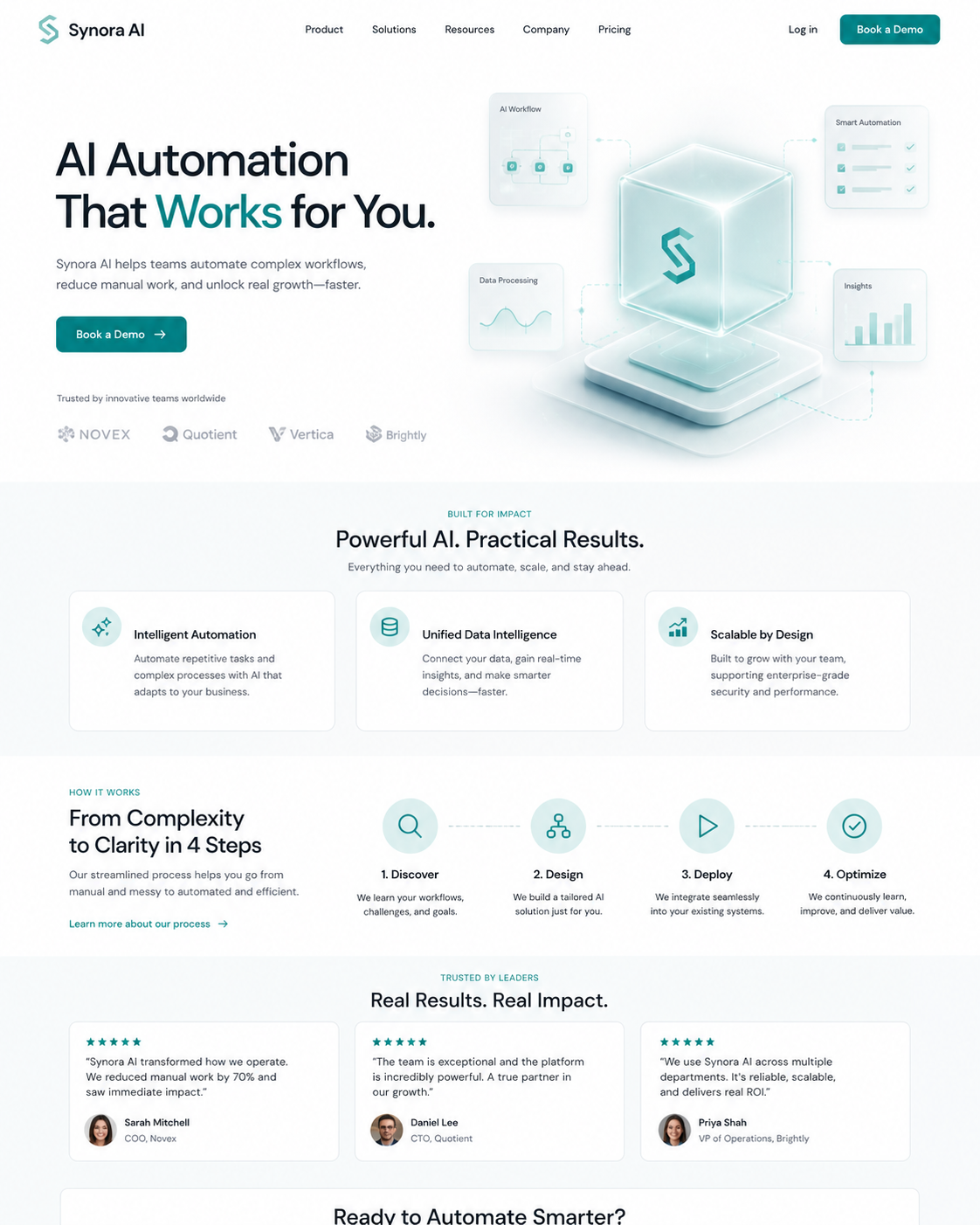 Homepage of Synora AI website showcasing AI automation solutions with a 3D graphic of a cube and icons for AI workflow, data processing, smart automation, and insights.
