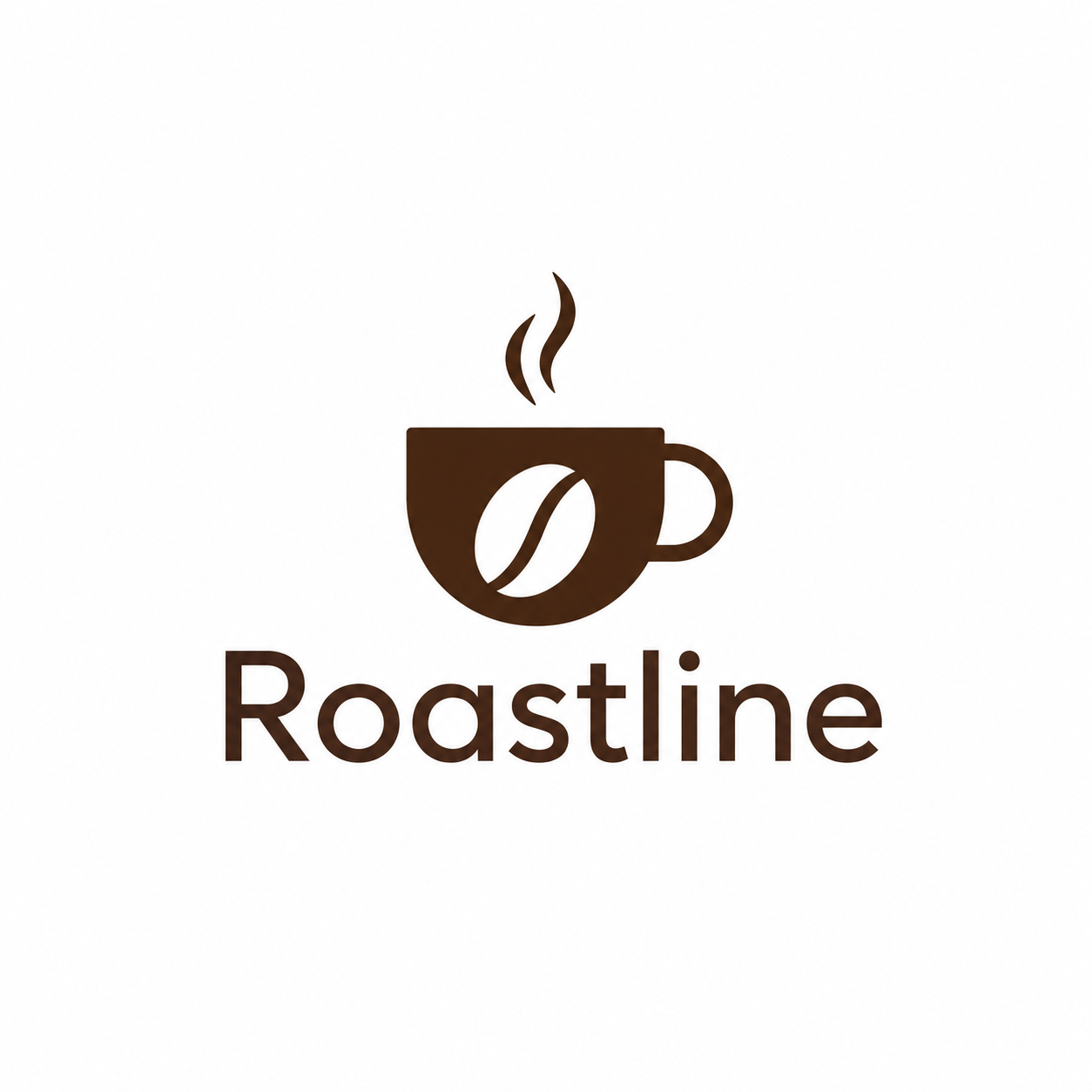A logo featuring a dark brown coffee cup with a coffee bean in the center and steam rising above it. Below, the word 'Roastline' is written in brown text.