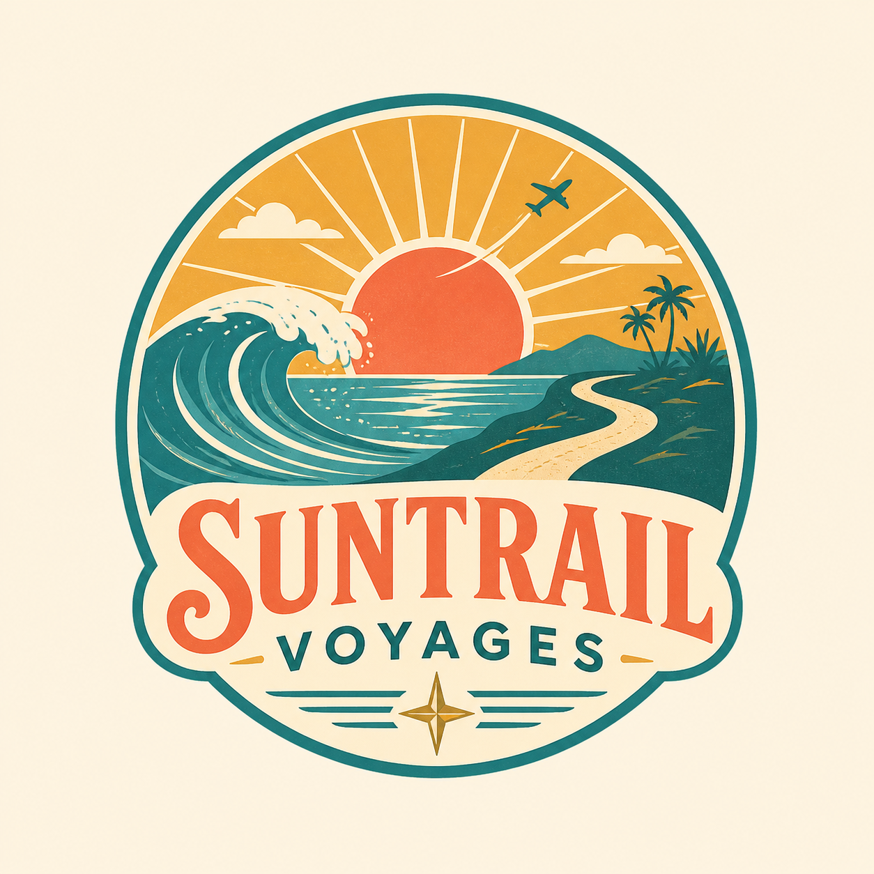 A circular logo featuring a sunset over the ocean, with a large wave, palm trees, a sandy beach, and an airplane flying across the sky. The text reads 'Suntrail Voyages'.