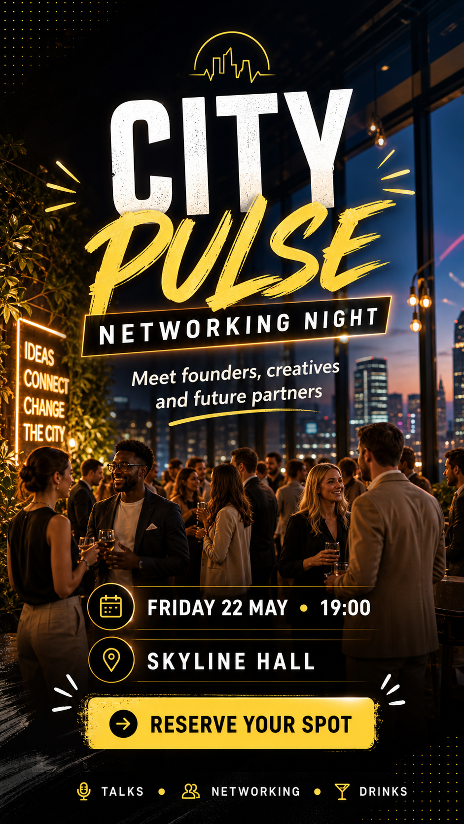 A promotional poster for a city networking night called 'City Pulse,' showing a lively rooftop scene with people socializing and holding drinks during sunset, with city skyline in the background. Event details include date, time, location, and reservation prompt.