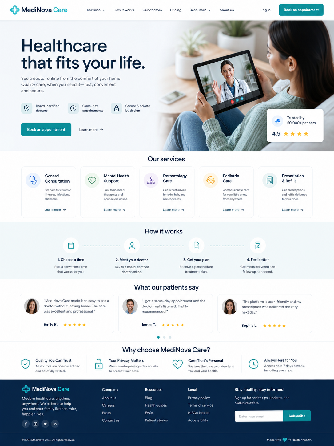 Screenshot of MediNova Care website homepage showing a woman on a video call with a doctor, with various healthcare service icons, descriptions, patient testimonials, and navigation menus.