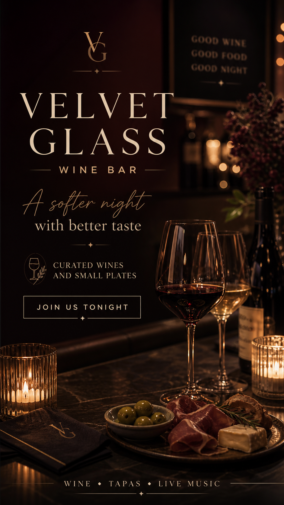 A promotional poster for Velvet Glass Wine Bar featuring a candlelit setting with glasses of red and white wine, a platter of cheeses, green olives, and cured meats, with a dark background and warm lighting.
