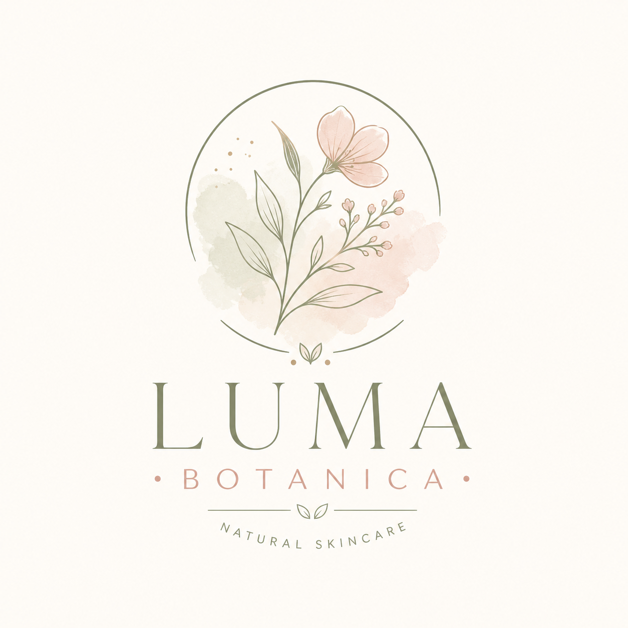 Logo for LUMA Botanica natural skincare featuring a delicate floral illustration with soft pink and green watercolor accents.