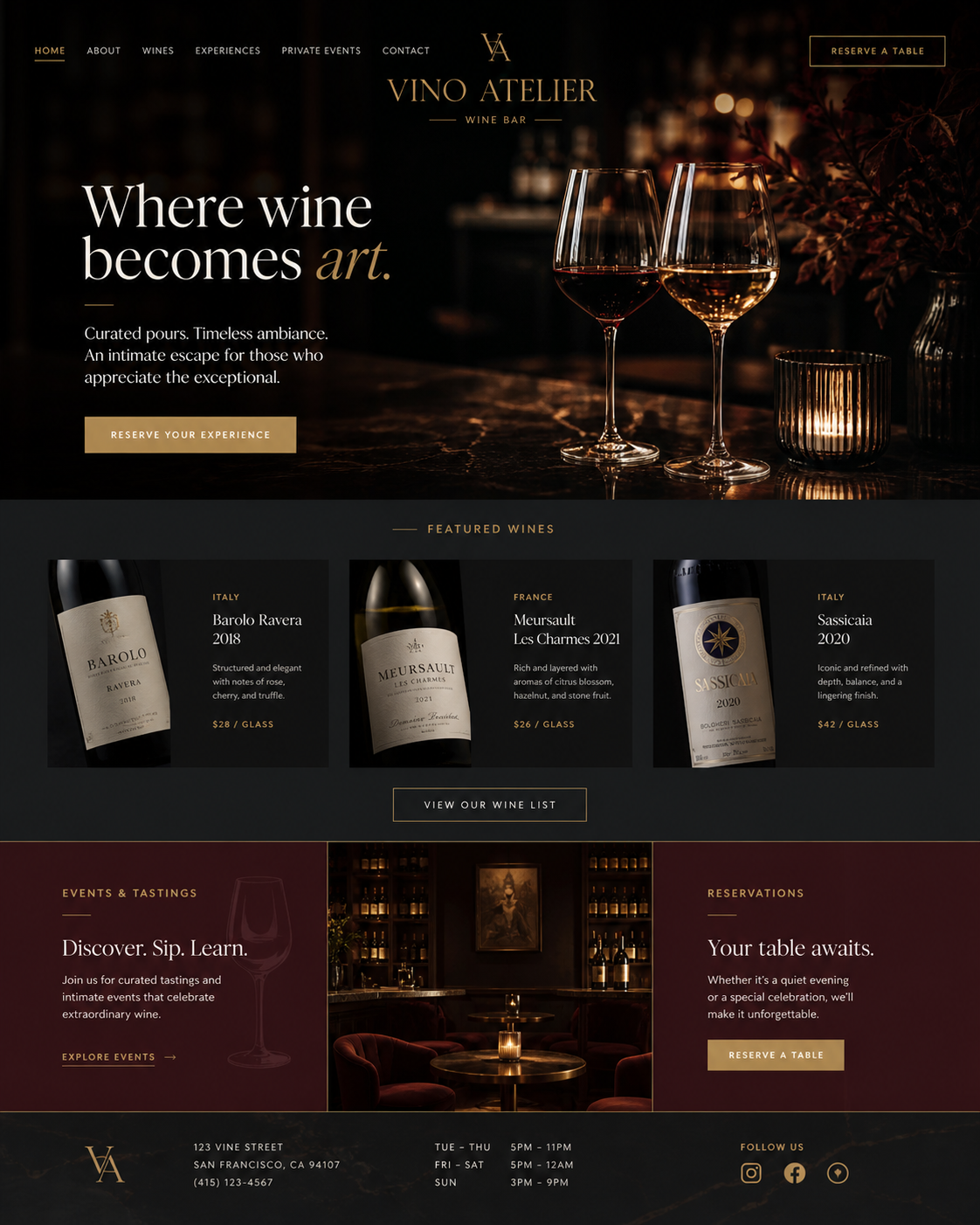 Homepage of Vino Atelier wine bar website featuring a dark background with two glasses of white and red wine, and a view of wine bottles and a cozy seating area inside the wine bar.