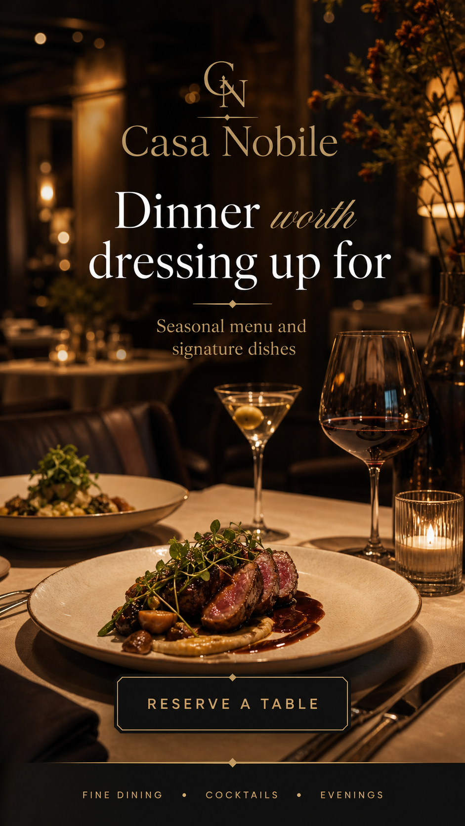 Elegant dinner setting with a plated entrée, red wine, cocktail, and candlelight at Casa Nobile restaurant
