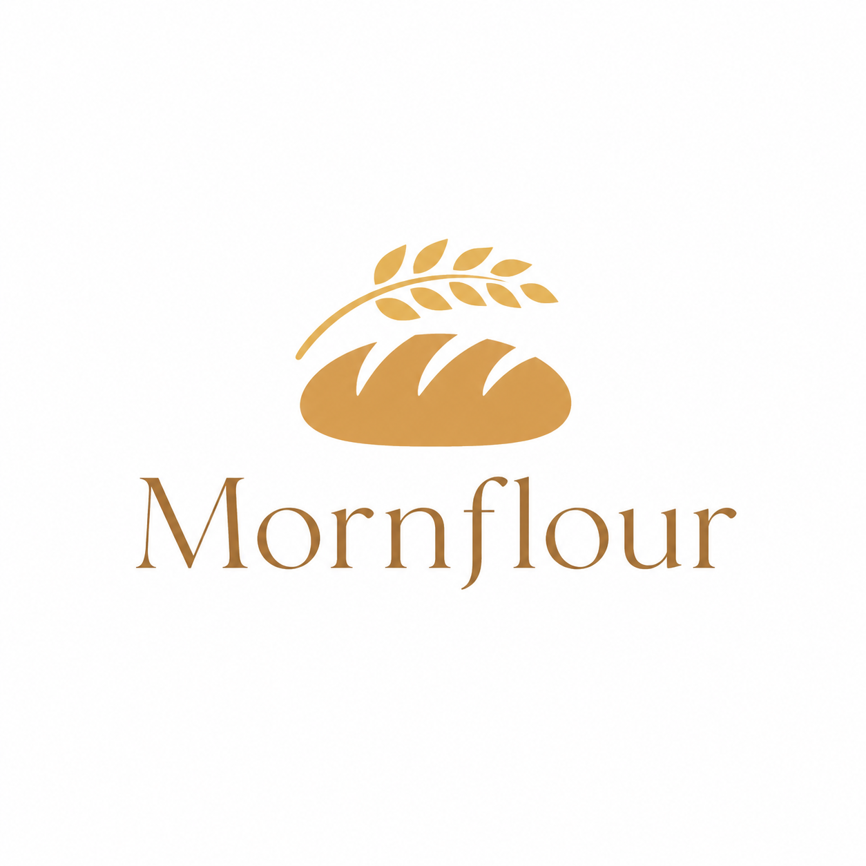 A logo featuring a loaf of bread with a wheat stalk on top, and the text 'Mornflour' below in elegant font.