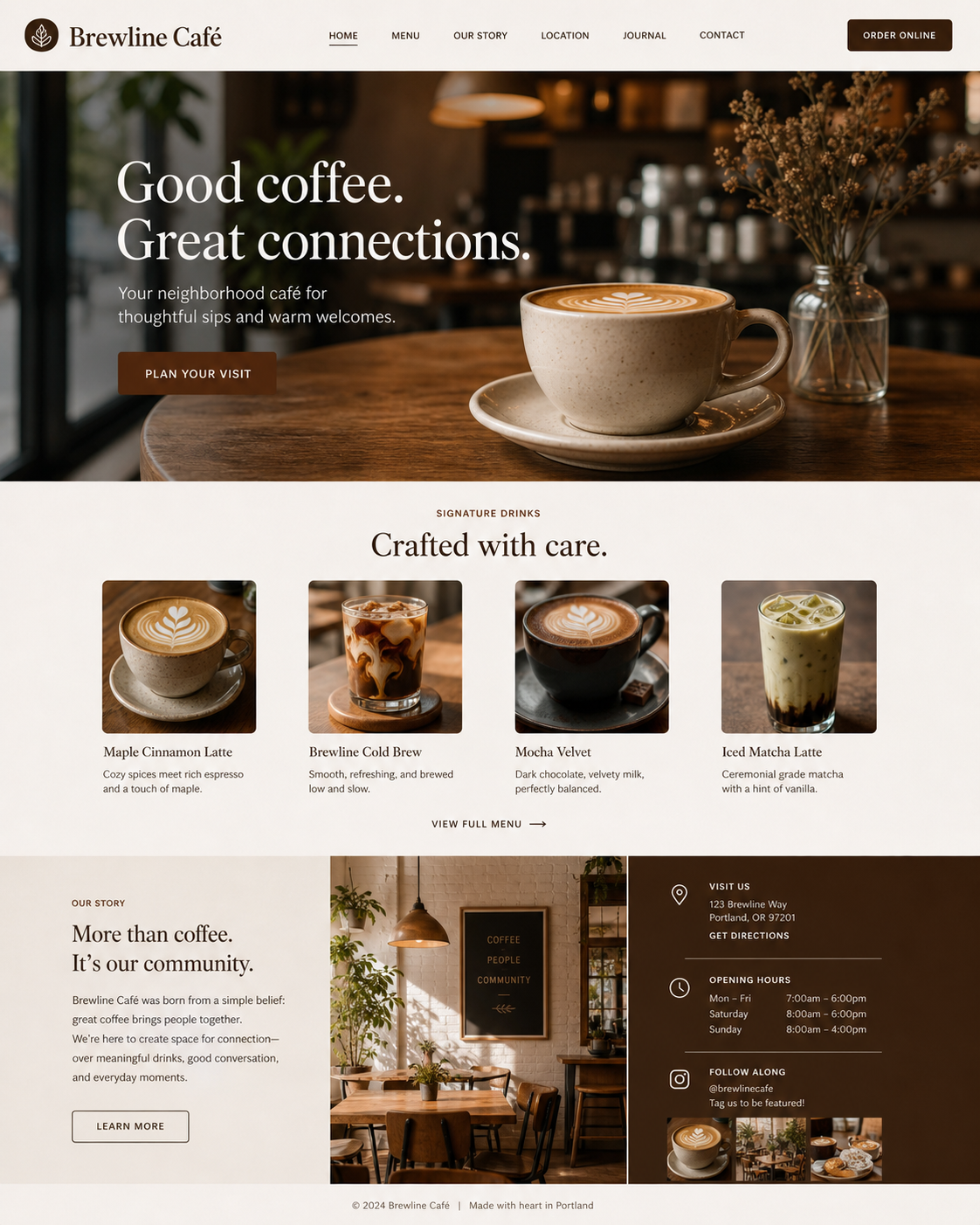 Homepage of Brewline Café website with a large image of a coffee cup on a wooden table, a plant in a vase, and a cozy café interior in the background. Text overlay says "Good coffee. Great connections." and a button to plan a visit. Below, images of signature drinks including a latte, cold brew, mocha, and matcha latte.