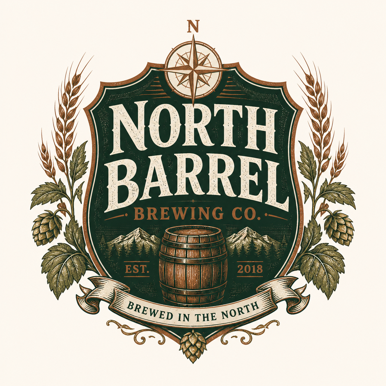 Logo for North Barrel Brewing Co., established 2018, featuring a barrel, mountains, hops, and a compass with the text "Brewed in the North".
