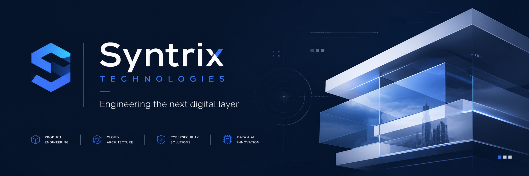 Digital graphic featuring the logos and branding for Syntrix Technologies, with a tagline 'Engineering the next digital layer' and icons for product engineering, cloud architecture, cybersecurity solutions, and data & AI innovation, set against a modern blue cityscape background.