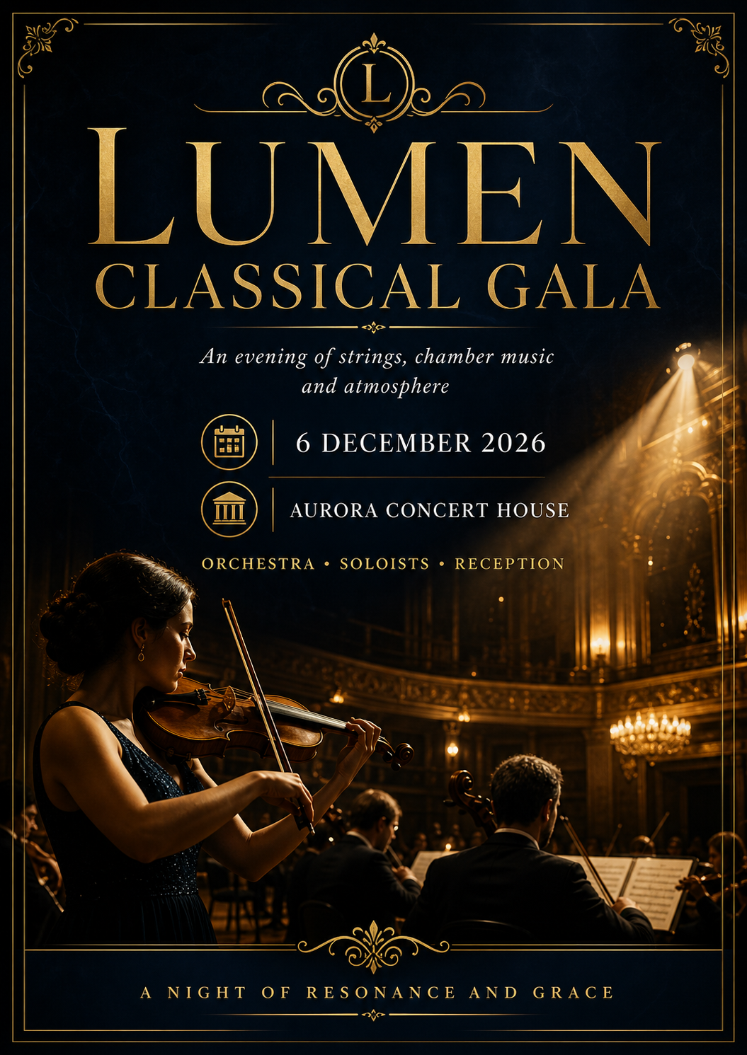 Event poster for Lumen Classical Gala featuring an orchestra with a woman playing the violin in a concert hall with golden decor, indicating a formal classical music event on December 6, 2026, at Aurora Concert House.