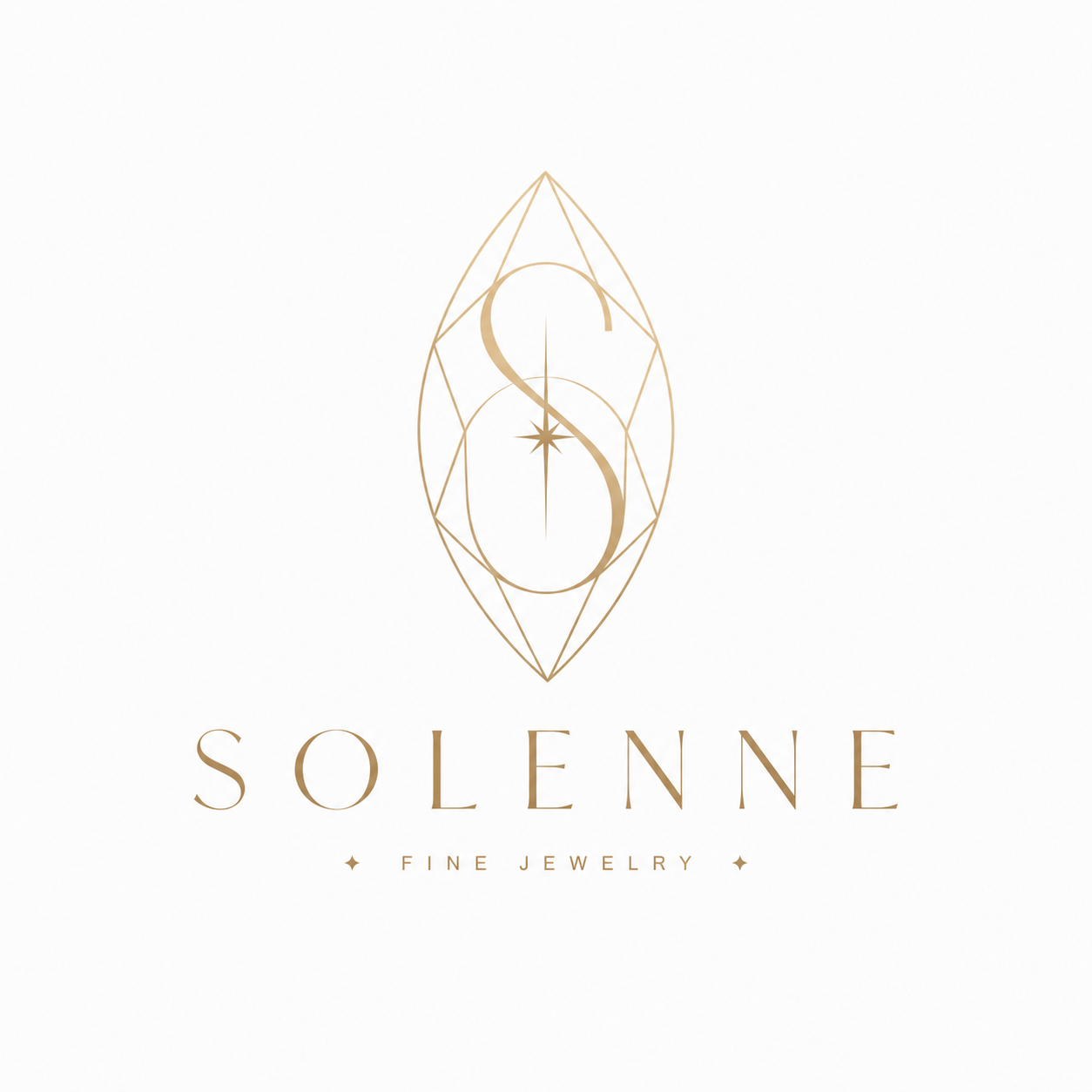 Elegant logo for Solenne Fine Jewelry featuring a gold geometric design with a stylized 'S' and star in the center, and the brand name 'SOLENNE' below with 'FINE JEWELRY' in smaller font.