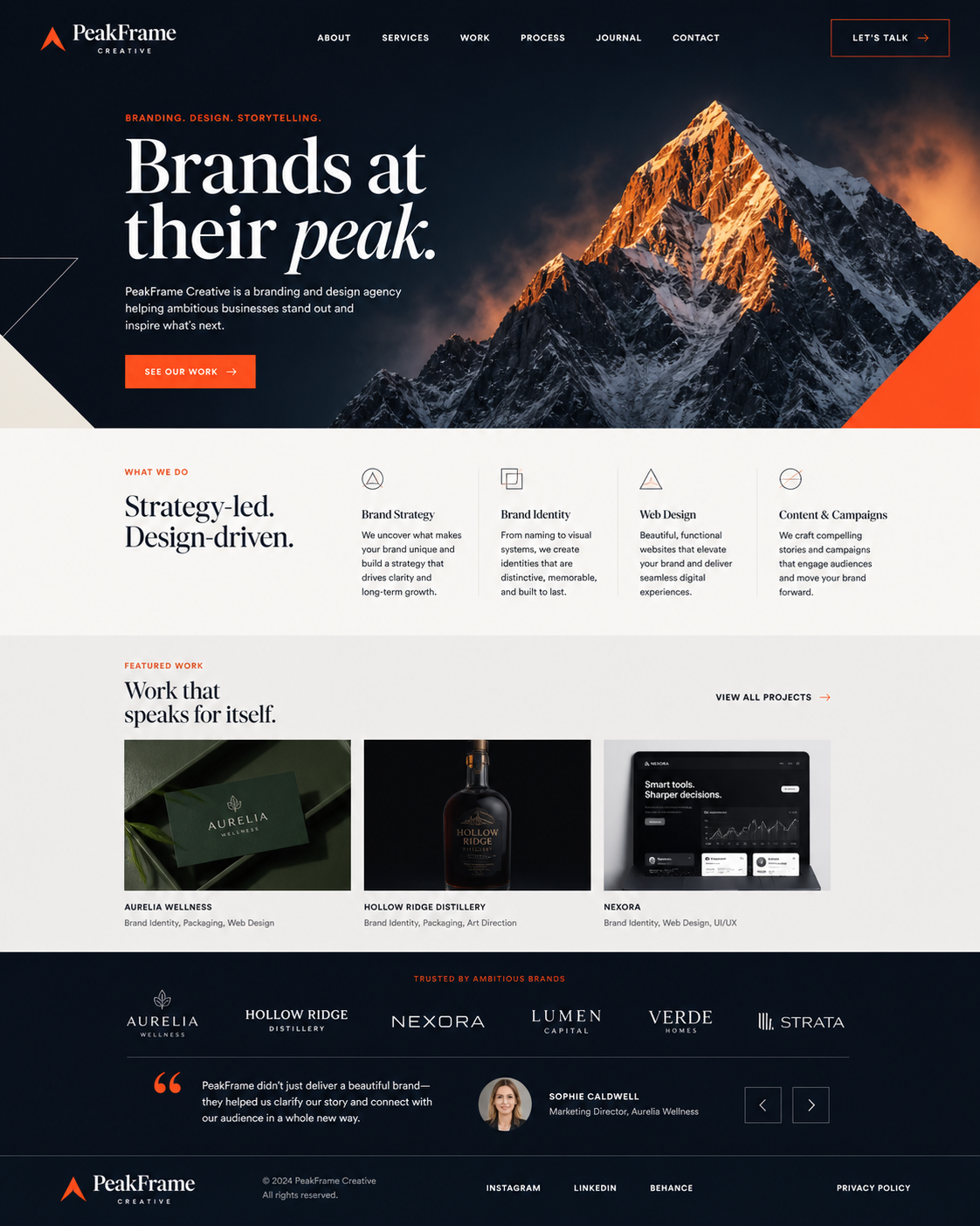 Homepage screenshot of PeakFrame Creative, a branding and design agency. Features mountain backdrop, navigation menu, call-to-action buttons, and sections highlighting services, featured works, client logos, and a client testimonial.