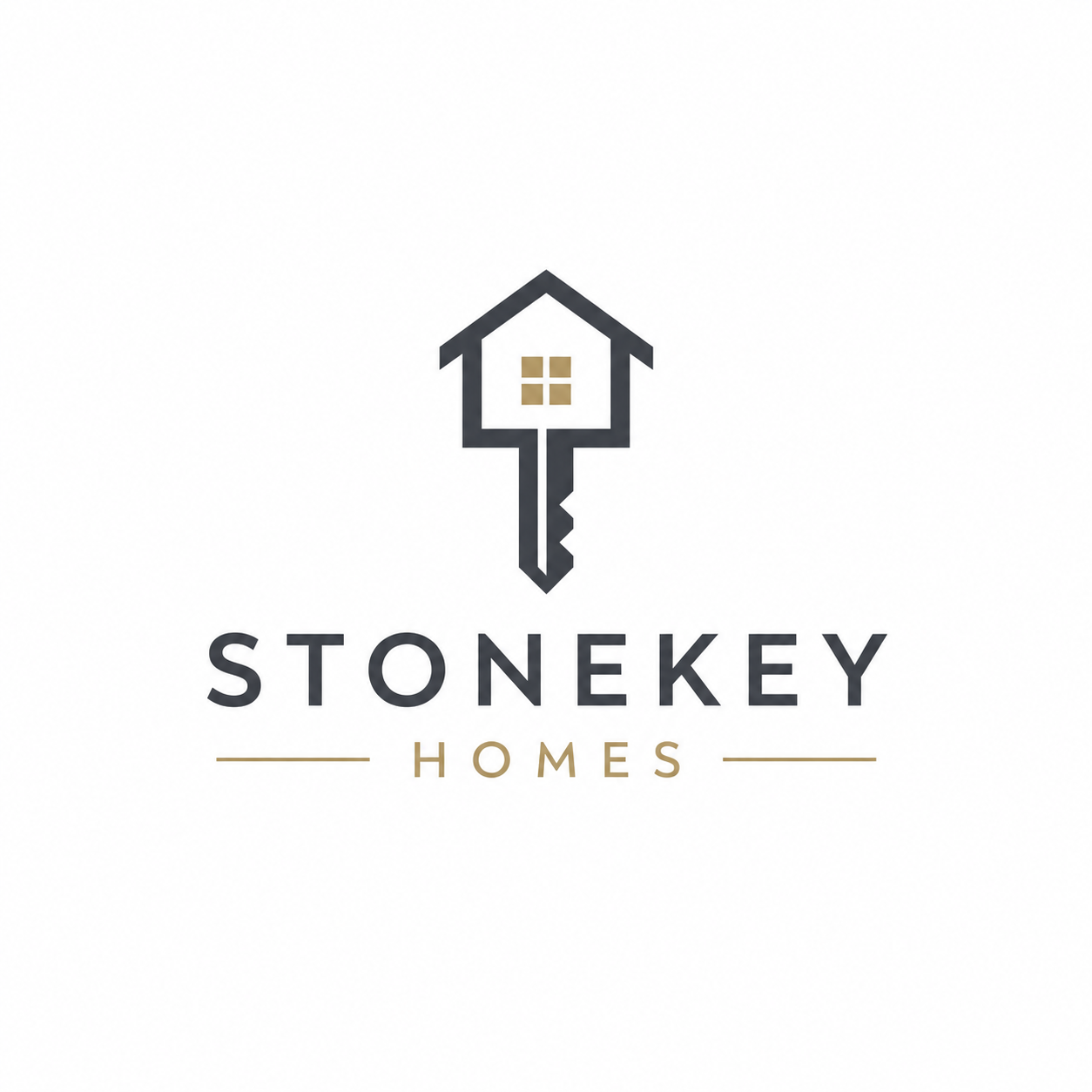 Logo for Stonekey Homes, featuring a key with a house at the top and a window inside, with the text "Stonekey Homes" beneath.