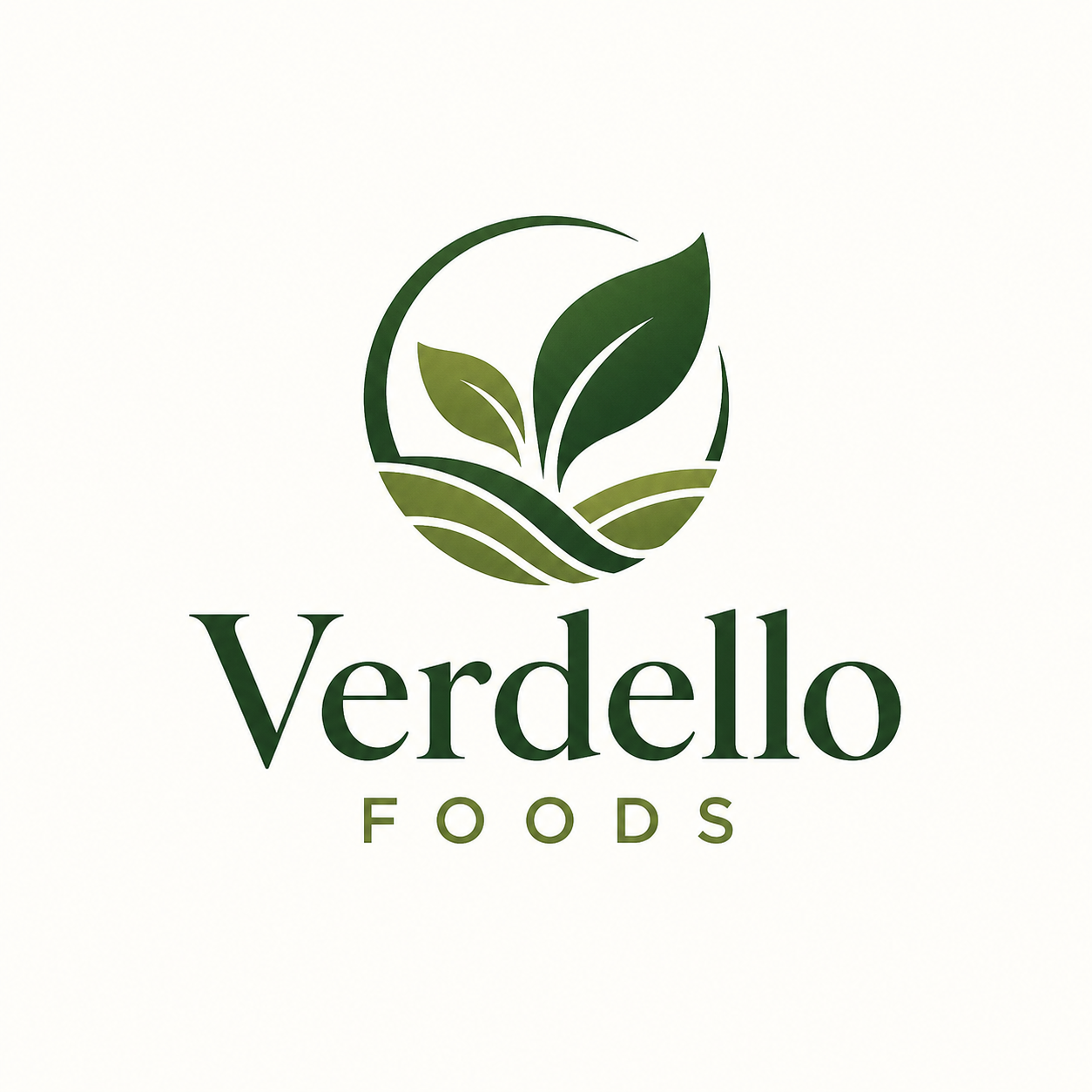 Logo for Verdello Foods featuring a stylized green leaf with curved lines underneath, and the text 'Verdello Foods' in green.