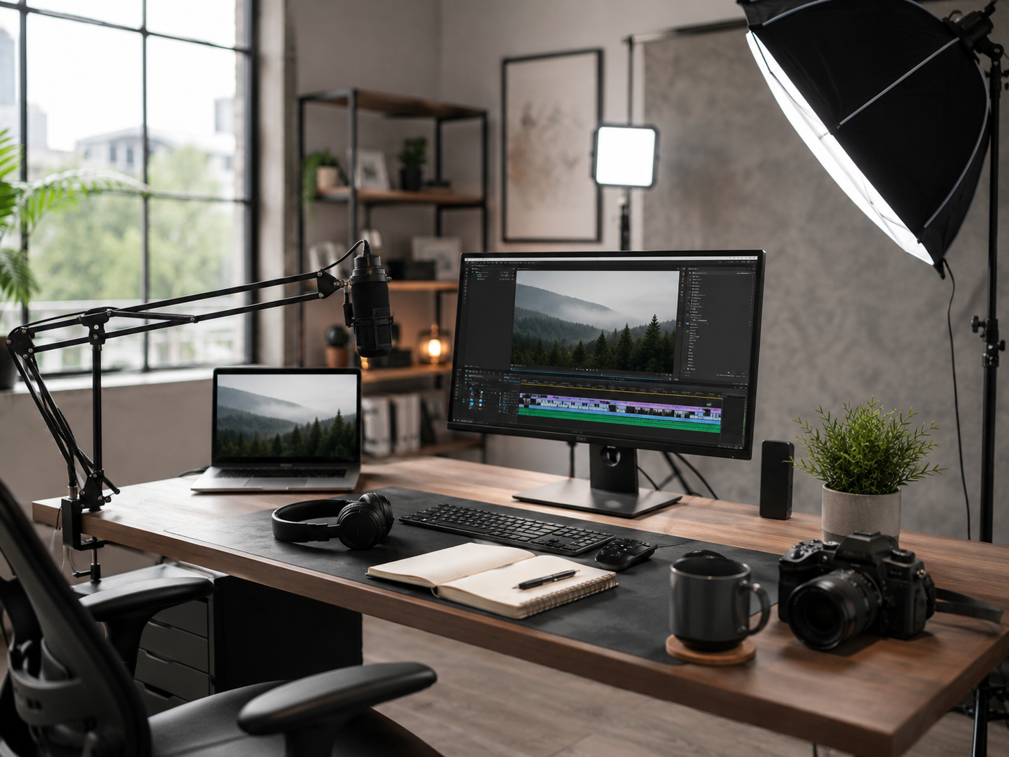 A photography editing workspace with a large monitor displaying landscape photos, a laptop showing the same landscape, a microphone on an adjustable arm, a camera, headphones, a notebook with a pen, a coffee mug, a potted plant, and a professional studio light in a modern room with large windows.