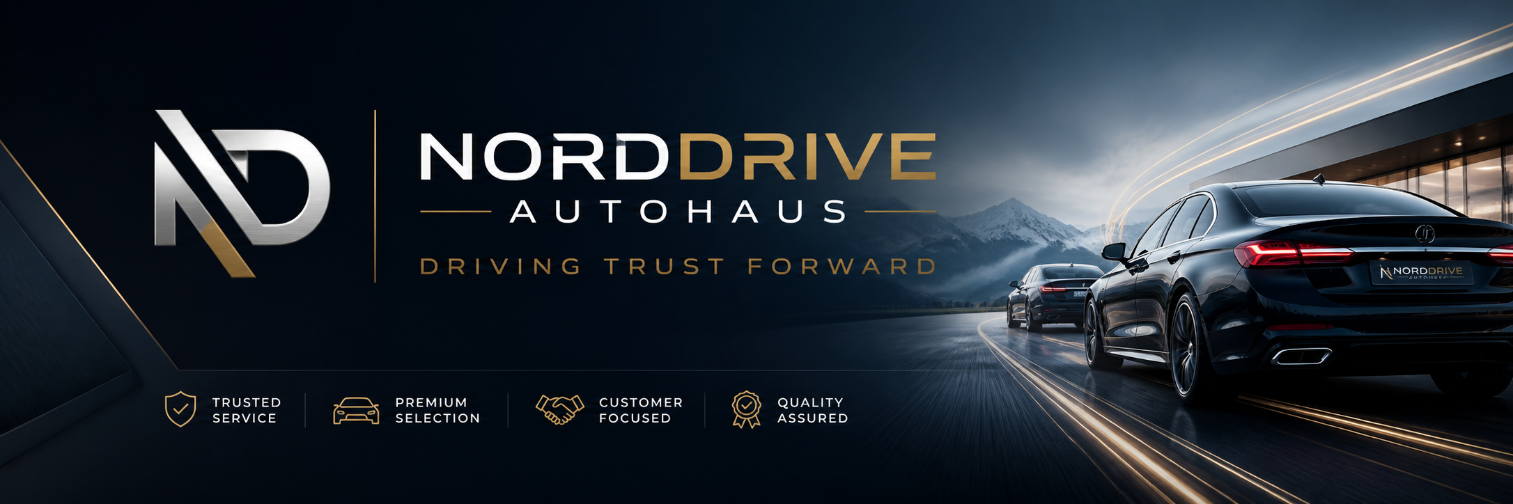 A promotional banner for NordDrive Autohaus featuring black luxury cars driving on a road with a mountainous landscape in the background. The banner includes the company's logo, name, and motto: 'Driving Trust Forward,' along with icons and text emphasizing trusted service, premium selection, customer focus, and quality assurance.