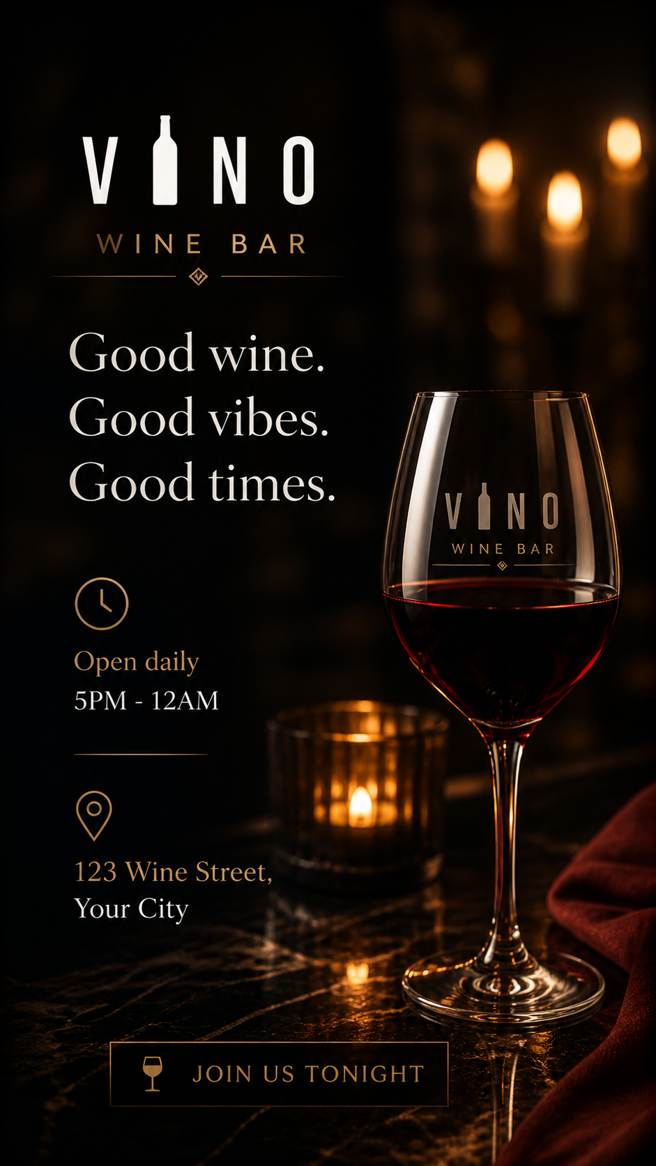 A promotional poster for Vino Wine Bar with a glass of red wine, candles, and warm lighting. It includes the bar's name, slogan, hours of operation, address, and a call to action to join tonight.