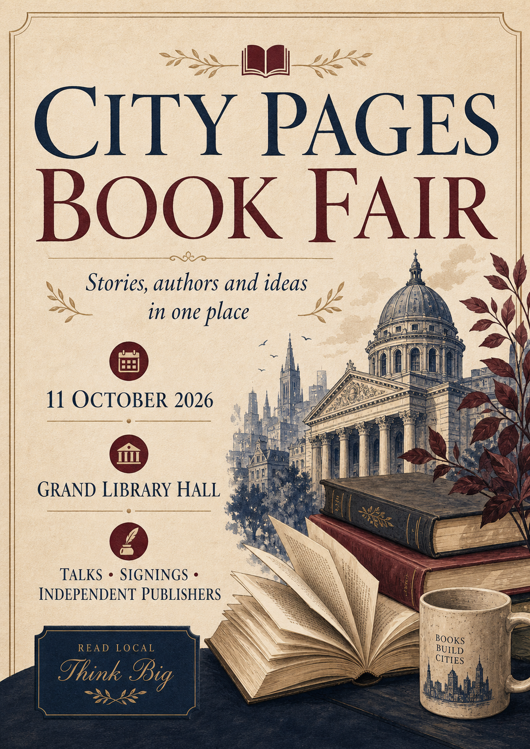 Event poster for the City Pages Book Fair, scheduled for October 11, 2026, at the Grand Library Hall. The poster features an illustration of a cityscape with historic buildings and a dome, along with an open book, stacked books, and a coffee mug with the text 'Books Build Cities'. It highlights talks, signings, and independent publishers, with a tagline to read local and think big.
