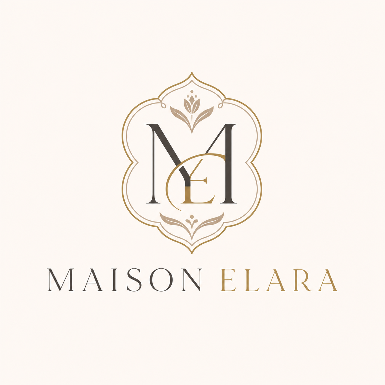 Logo for Maison Elara featuring a decorative emblem with the initials M and E and the text Maison Elara below.