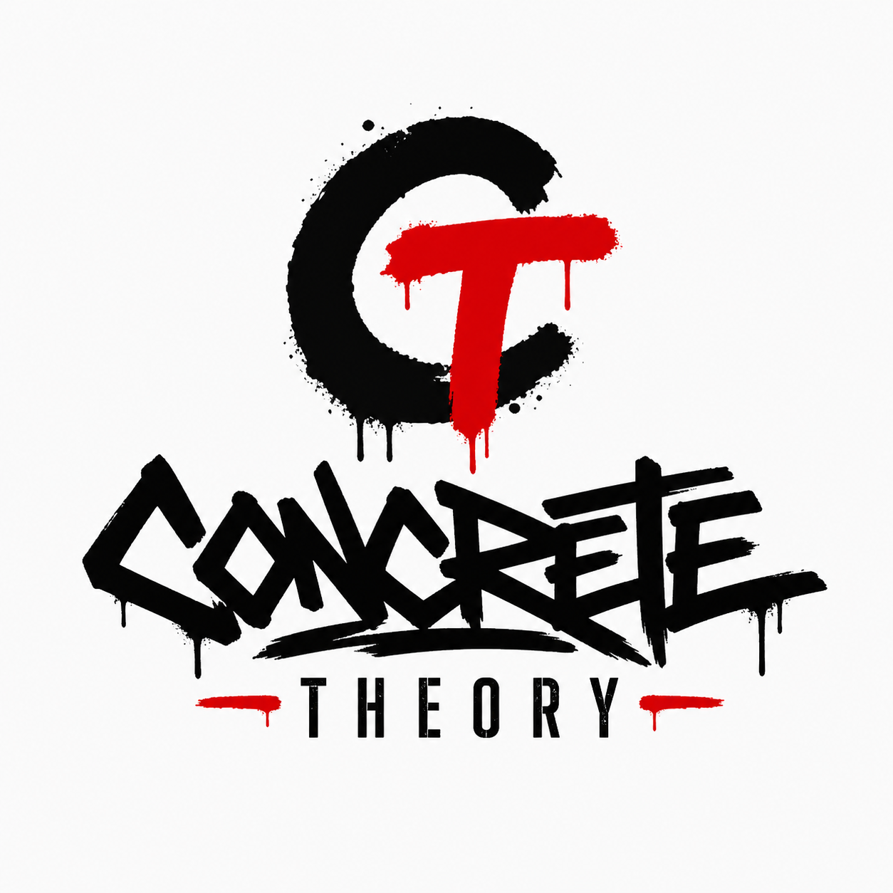 Graffiti-style graphic with a black 'C', a red 'T' in the center, and the words 'CONCRETE' and 'THEORY' in black spray-painted letters.