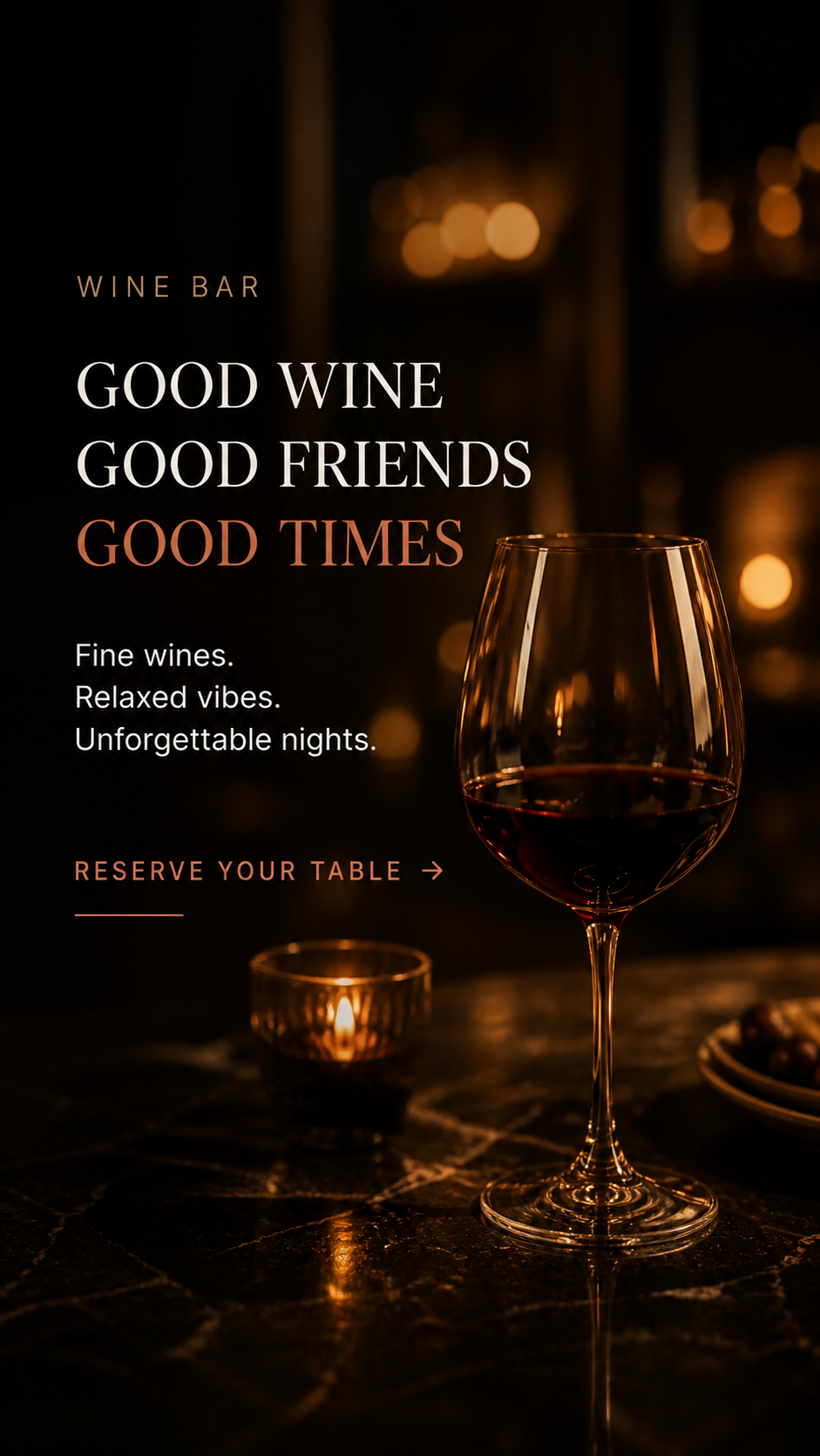 Poster advertising a wine bar with a glass of red wine, dim lighting, and candles in the background.