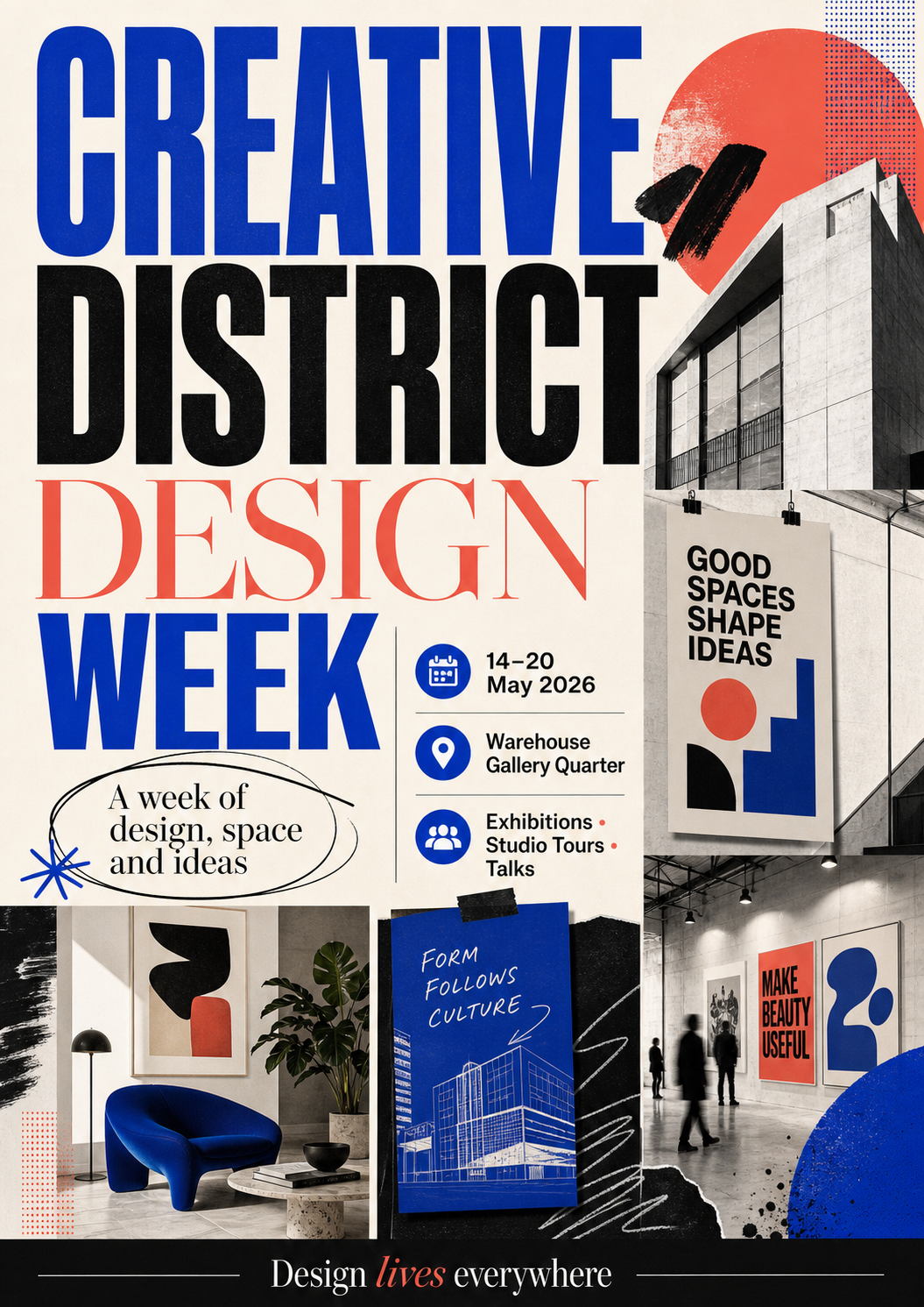 Postering for Creative District Design Week, taking place from May 14 to 20, 2026 at Warehouse Gallery Quarter, featuring exhibitions, studio tours, and talks, with images of modern interior, architecture, and design elements.