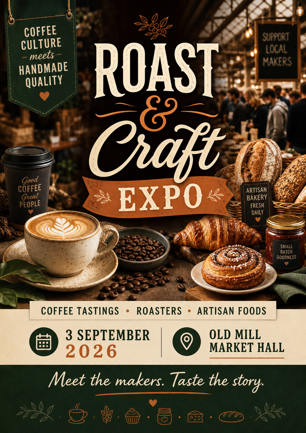 Poster promoting the Roast & Craft Expo, a craft market featuring coffee tastings, roasters, and artisan foods. The event is scheduled for September 3rd, 2026, at Old Mill Market Hall. The poster showcases baked goods, a coffee cup with latte art, coffee beans, and jars of preserves, with slogans encouraging supporting local makers and enjoying handmade quality.