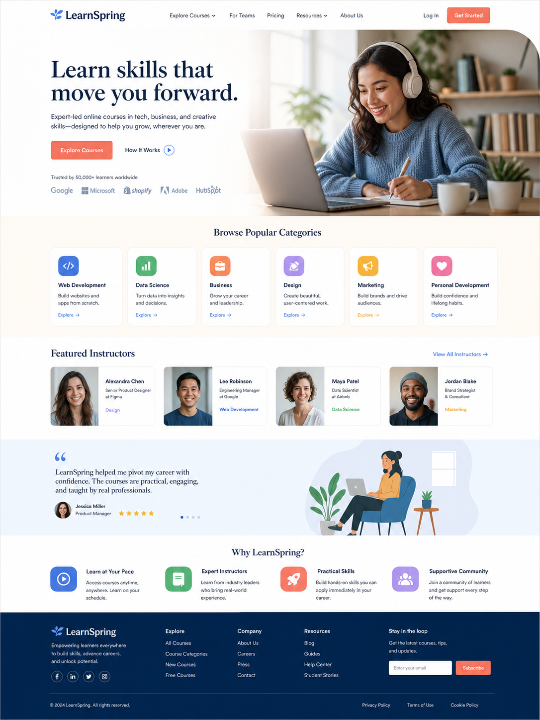 Online educational platform homepage for LearnSpring featuring a smiling woman with headphones using a laptop, with categories like Web Development, Data Science, Business, Design, Marketing, and Personal Development, along with instructor profiles and testimonials.