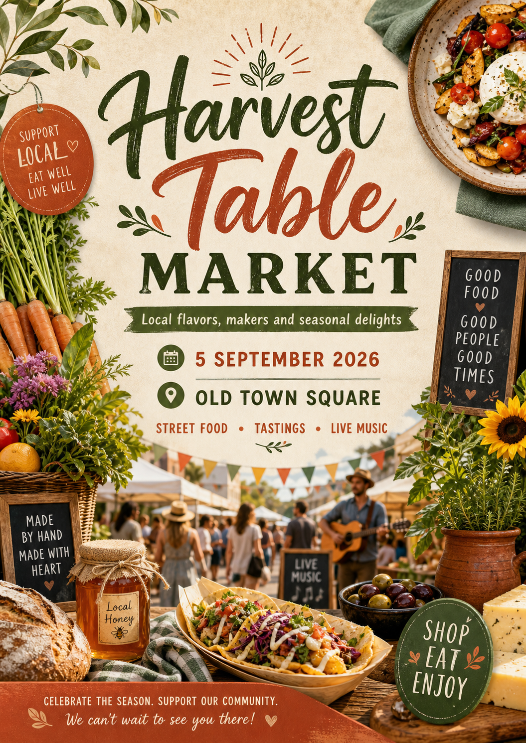 Poster for Harvest Table Market featuring fresh produce, street food, and live music at Old Town Square on September 5, 2026.