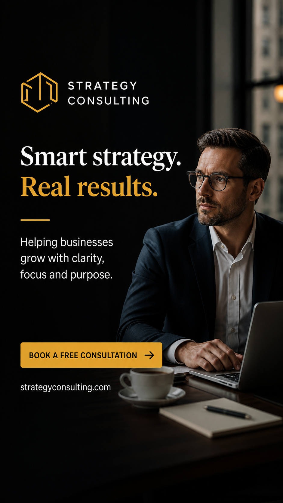 Business professional in glasses working on a laptop in a modern office with text promoting strategy consulting services, including a call-to-action button for free consultation and website URL.
