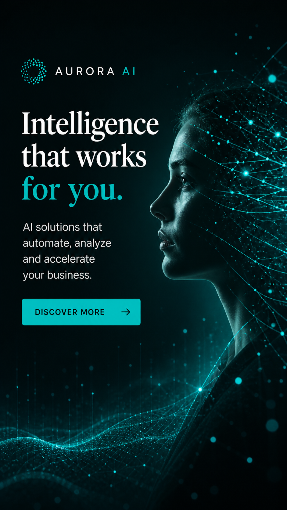 A digital advertisement for Aurora AI featuring a side profile of a woman with digital network connections emanating from her head, highlighting AI solutions for business automation, analysis, and acceleration.