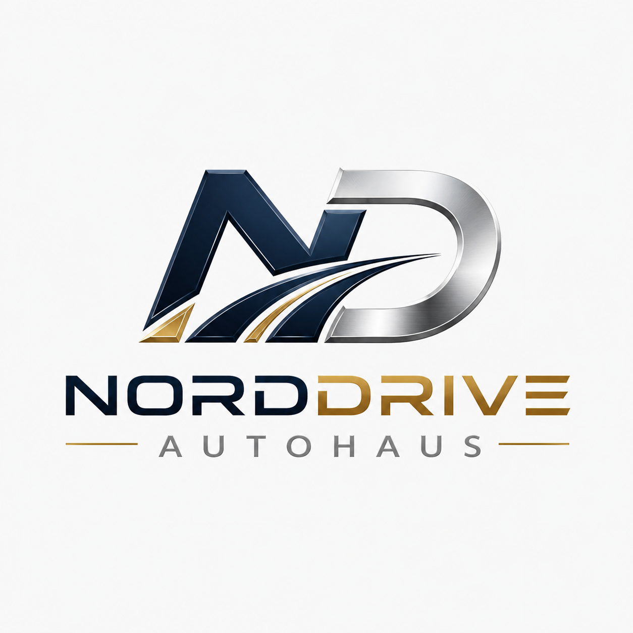 Logo for Nord Drive Autohaus with stylized 'N' and 'D' featuring road graphic in dark blue, gold, and silver colors.