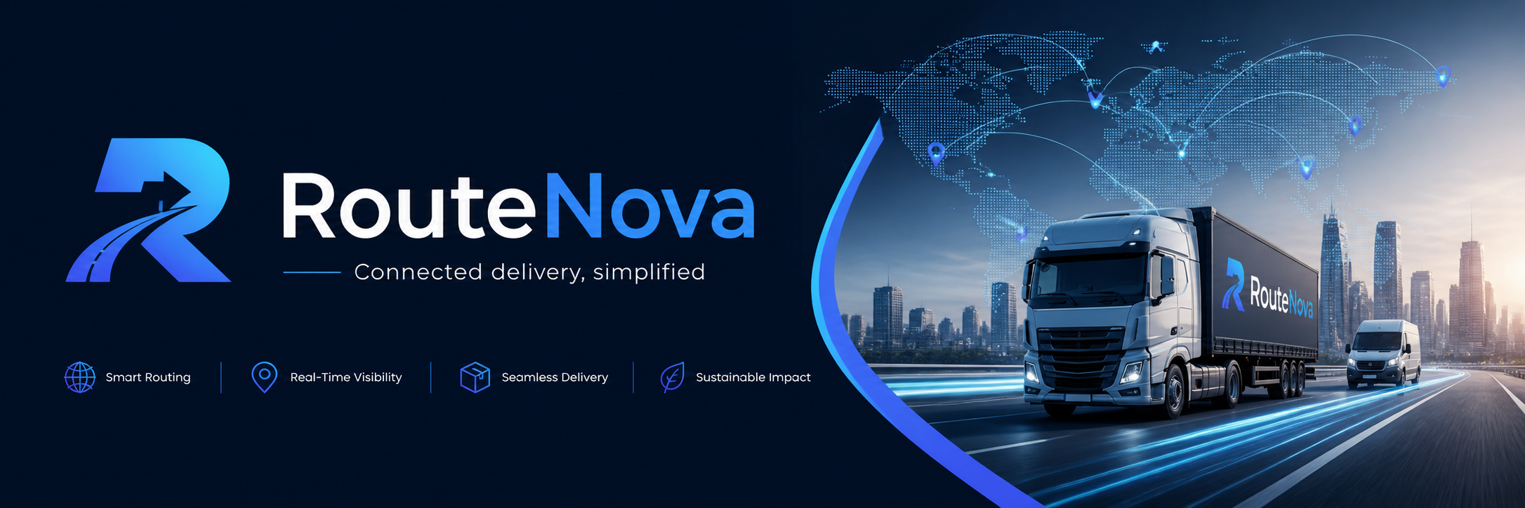 Digital graphic featuring RouteNova branding with a slogan 'Connected delivery, simplified.' Shows a truck and a van on a city street, with a digitally illustrated globe and connecting lines representing global logistics.