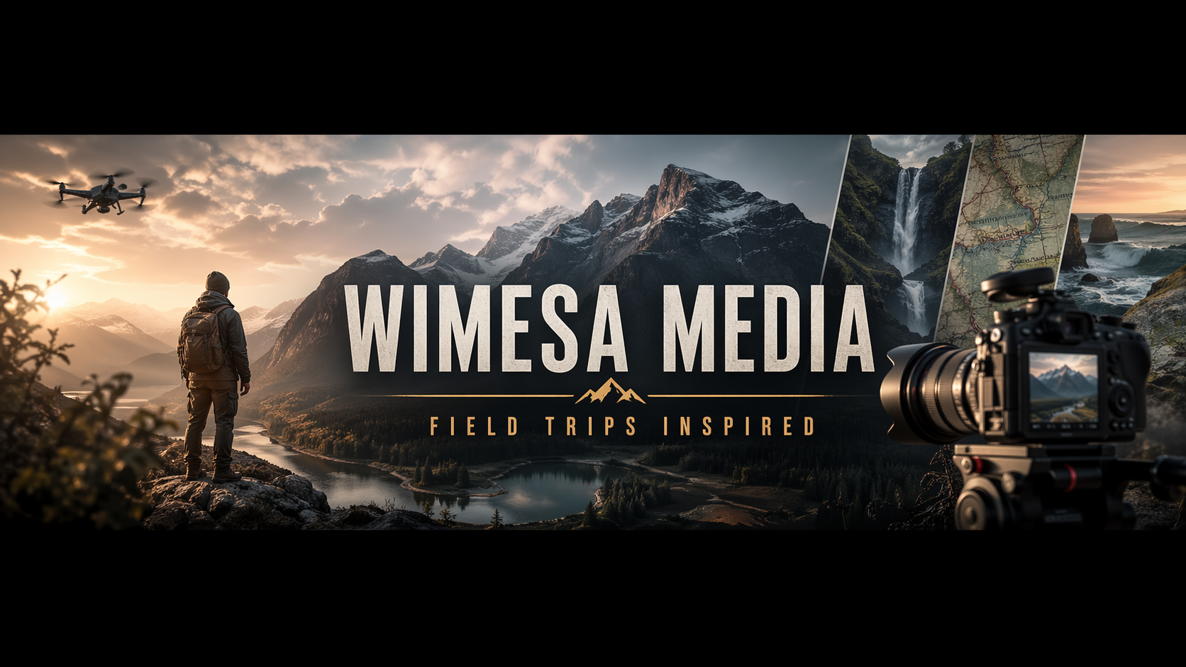 A scenic landscape with mountains, a river, and a person with a backpack standing on a rock, surrounded by nature. A drone hovers in the sky, and a camera is positioned on a tripod in the foreground. The text overlay says 'WIMESA MEDIA' and 'FIELD TRIPS INSPIRED'.