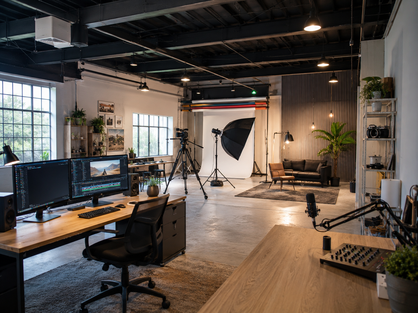 A professional photography studio with a white seamless backdrop, lighting equipment, cameras on tripods, and a seating area with a sofa and chairs, set in a spacious, industrial-style room with large windows and decorative plants.