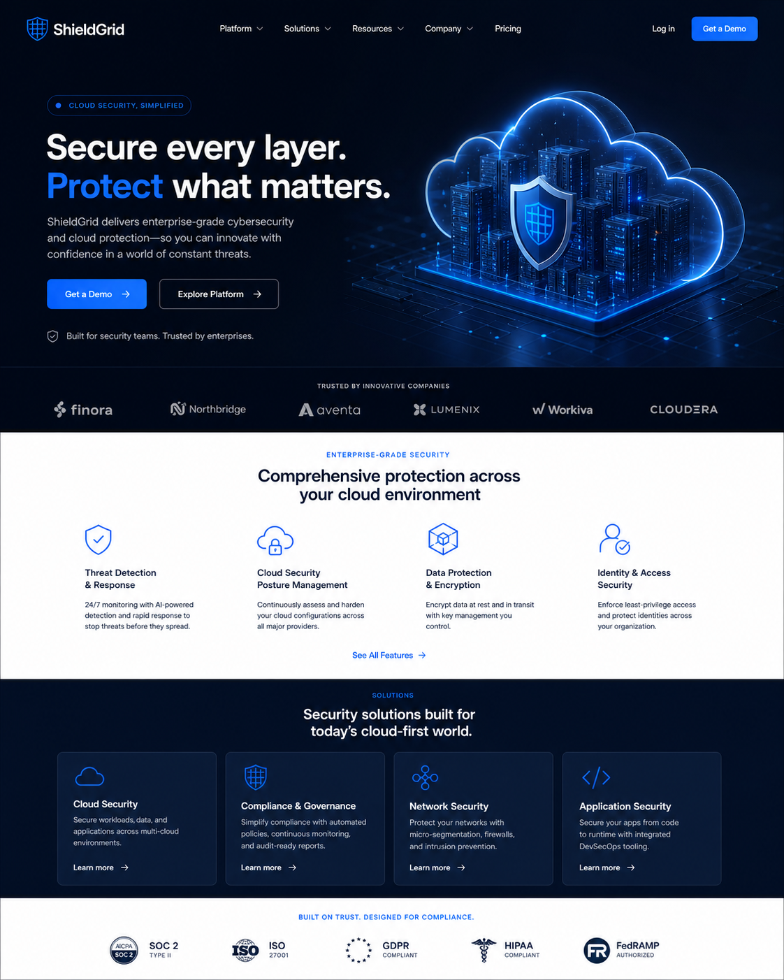 Homepage of ShieldGrid cybersecurity website with a dark blue background, a cloud with city buildings and shield graphic, and text promoting layered security and enterprise cybersecurity solutions.