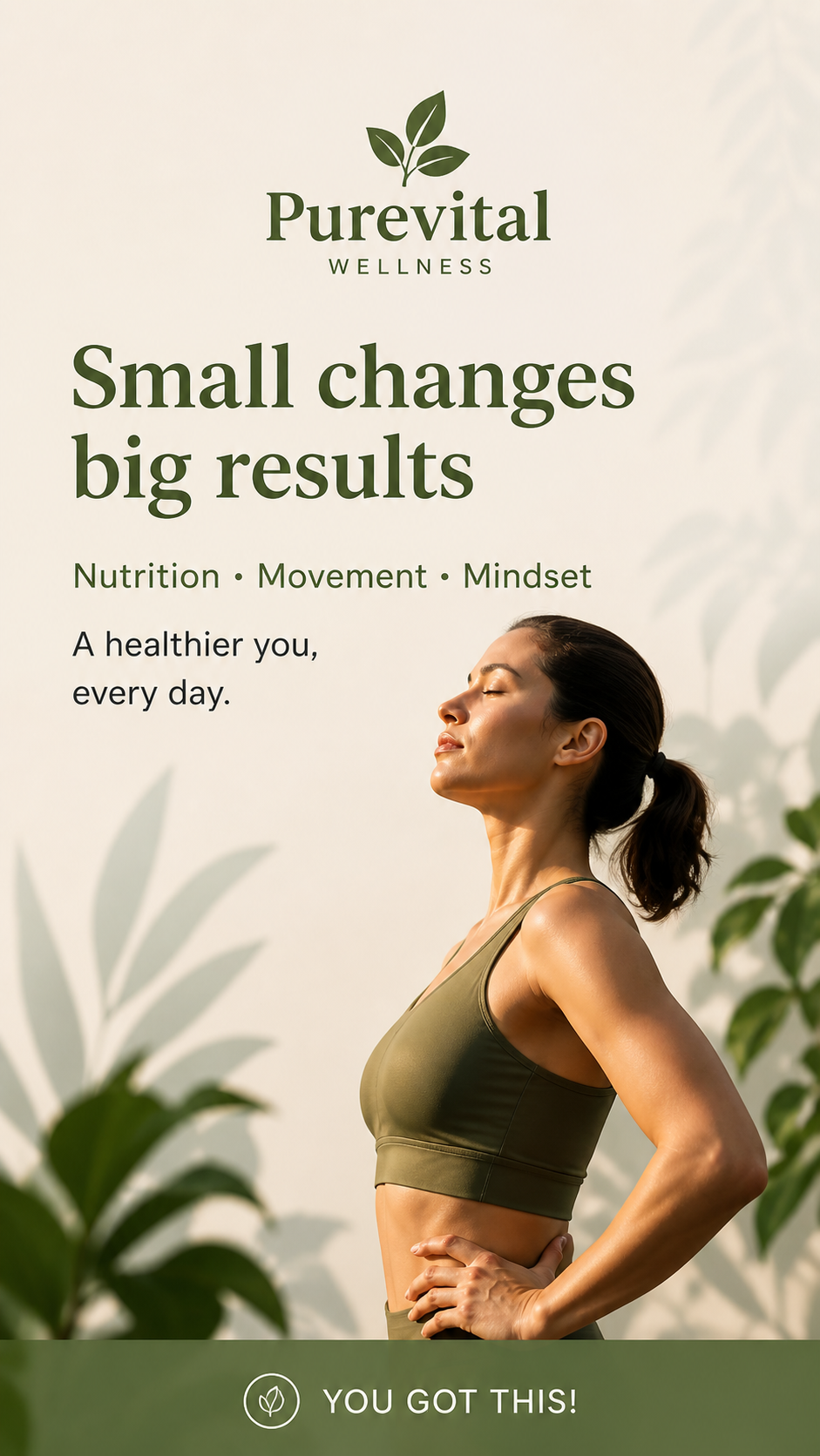 A promotional poster for Purevital Wellness featuring a woman in athletic wear doing yoga or meditation outdoors with sunlight, leaves, and greenery, emphasizing health and wellness.