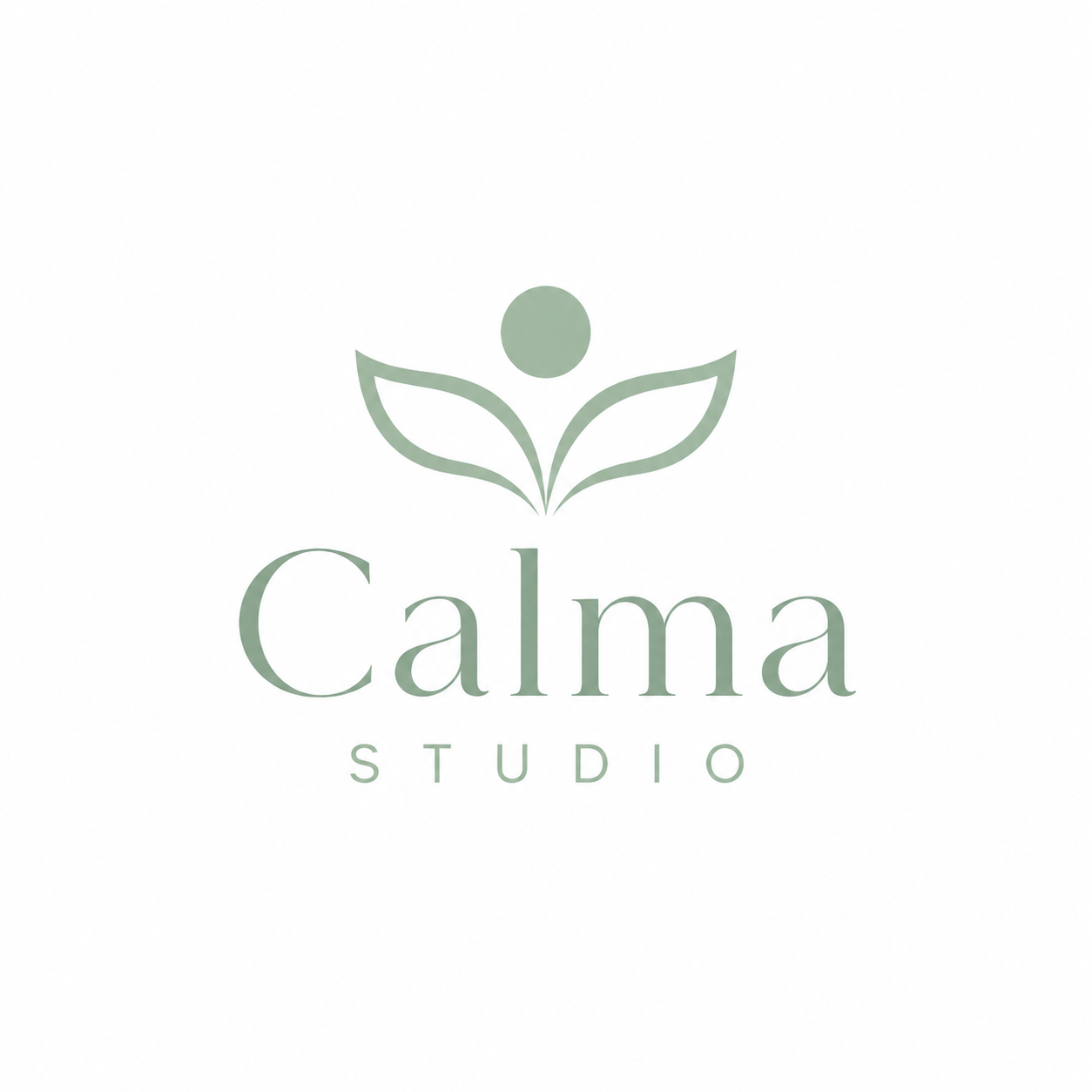 Logo for Calma Studio featuring a stylized human figure with leaf wings above the text Calma Studio in a muted green color.