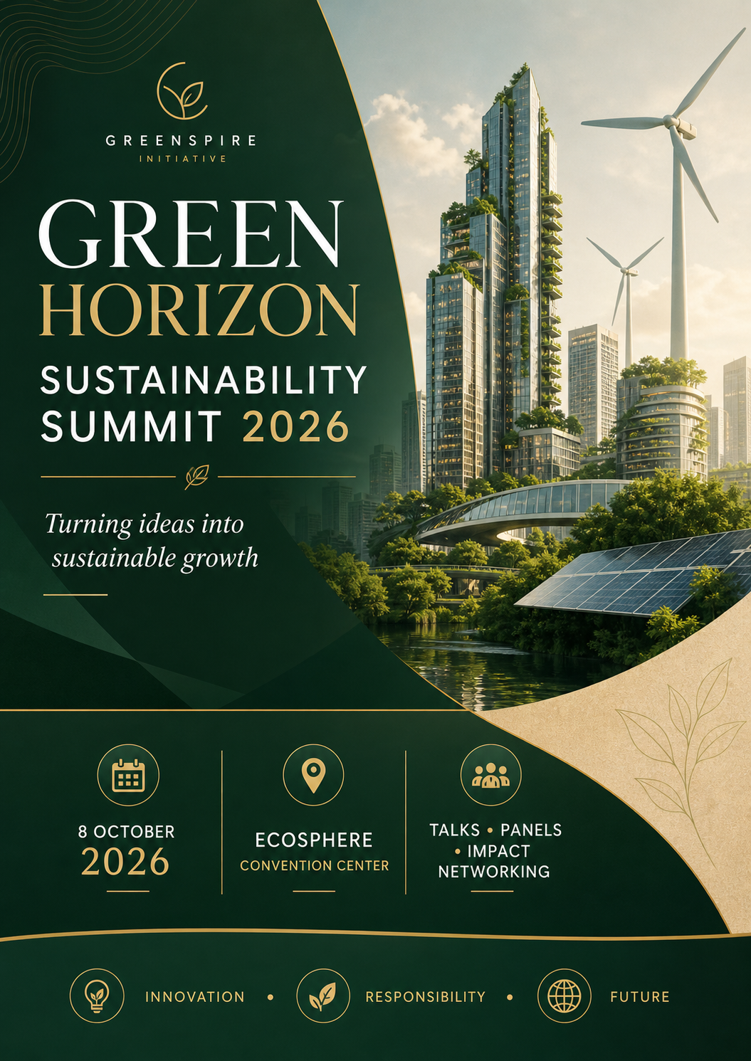 Event poster for the Green Horizon Sustainability Summit 2026, featuring a modern cityscape with green buildings and wind turbines, set at the Ecosphere Convention Center on October 8, 2026, with themes of innovation, responsibility, and future.